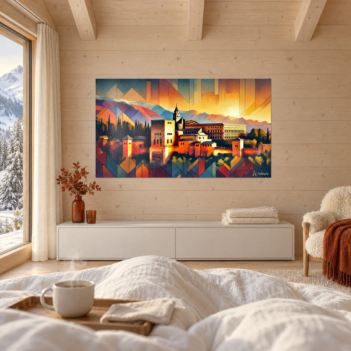 Wall art Andalusian fortress with saffron and petrol blue reflections, two people seen from behind, above a bed in a bright bedroom