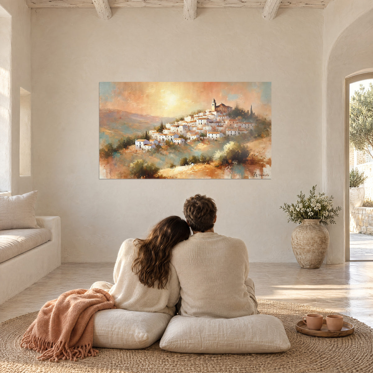 Πίνακας andalusian χωριού σε ελαιογραφία, λευκοί τοίχοι, ώχρα γη και πορτοκαλί ουρανός, απέναντι σε ζευγάρι που κάθεται με την πλάτη σε μαξιλάρια