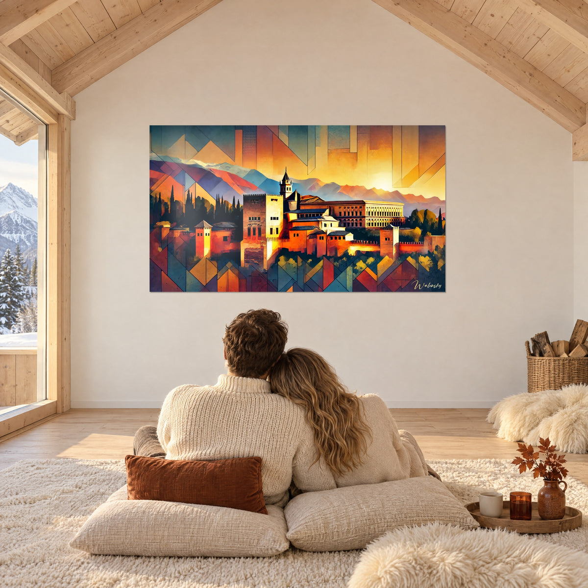 Wall art Andalusian old town with vivid orange towers and amber sky, couple seen from behind on white cushions in a chalet