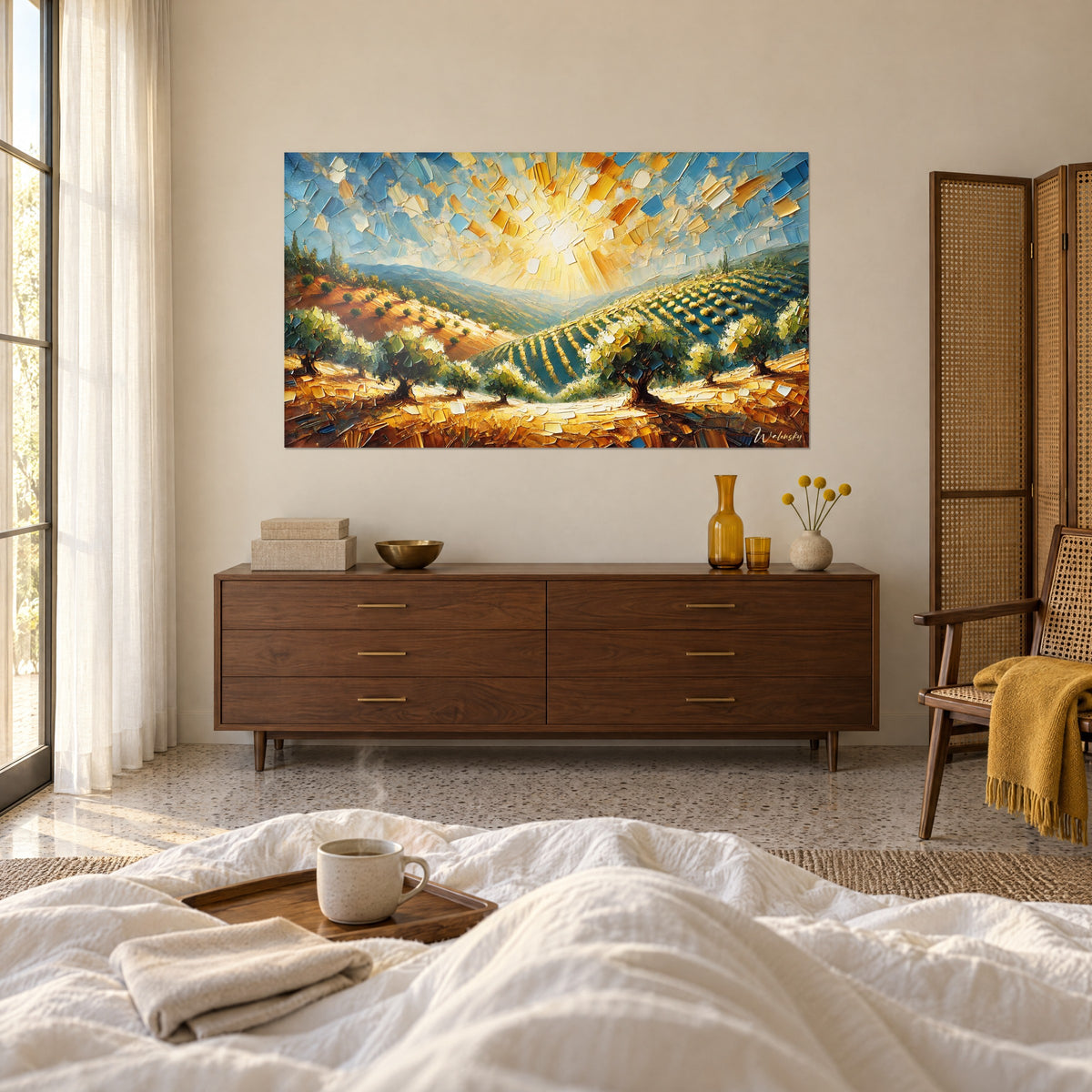 Quadro campo di ulivi assolato, cielo turchese e giallo acceso, piumone bianco in primo piano, sopra un letto in una camera luminosa