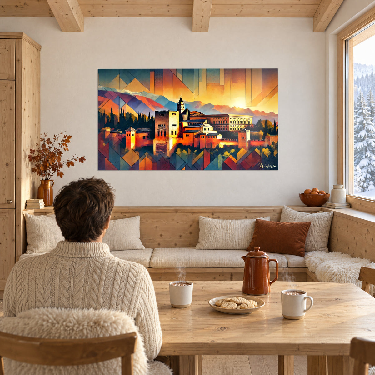 Wall art Granada at sunset with red and yellow diamonds, man seen from behind next to a wooden table in a chalet