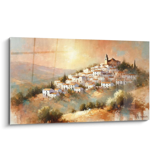 Vue de biais du tableau Espagne avec des collines dorées et un coucher de soleil méditerranéen. Teintes orange, beige et blanc recréant la lumière des villages andalous et leurs maisons blanches.

