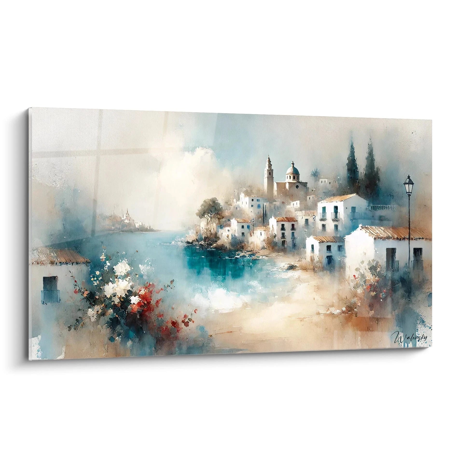 tableau espagne vue de biais capture des maisons blanches surplombant la mer bleu azur textures impressionnistes touches de beige et blanc lumière douce évoquant la brume marine calme et sérénité

