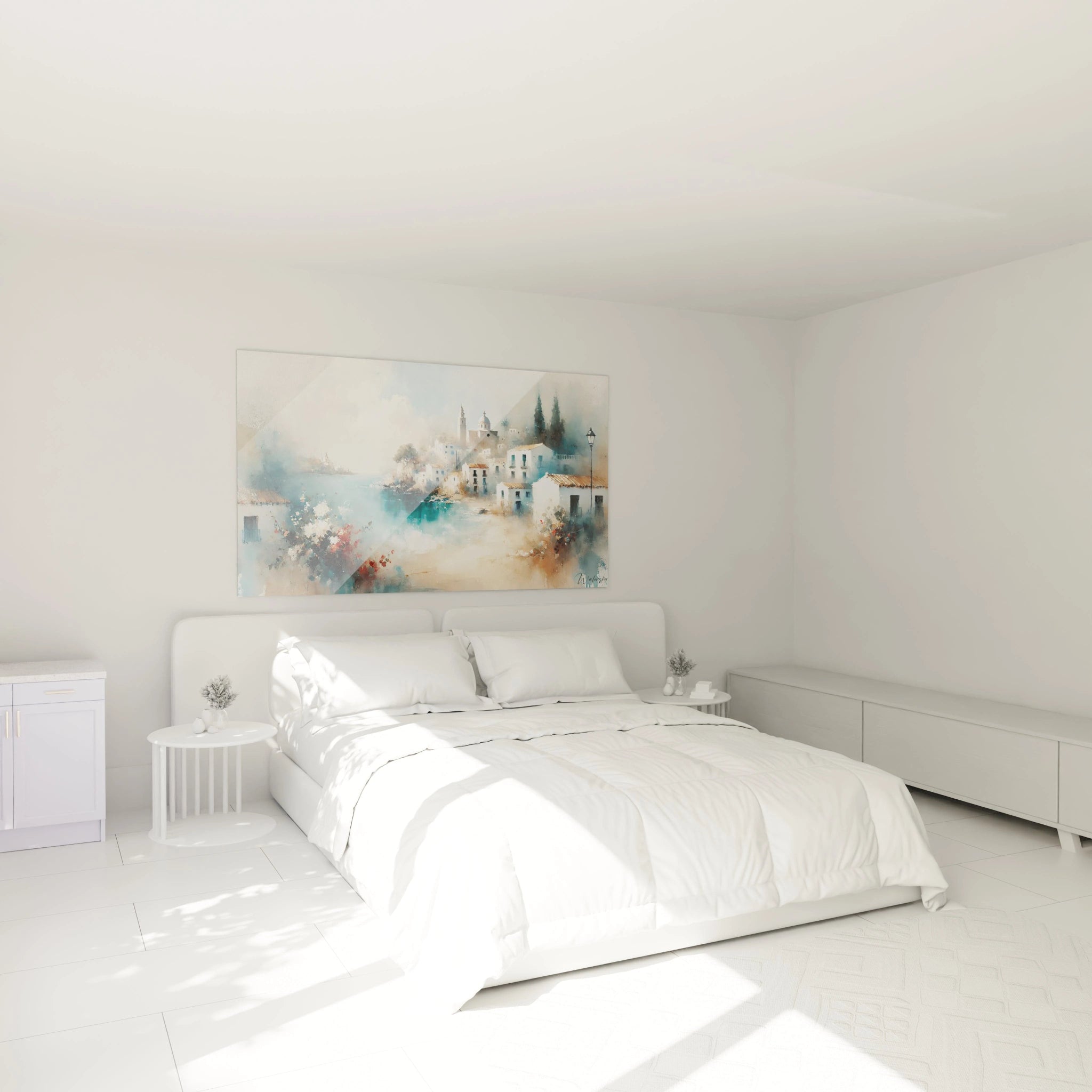 tableau espagne accroché dans une chambre ambiance apaisante maisons blanches et mer bleue dégradés subtils de bleu beige et blanc style méditerranéen parfait pour une détente totale au quotidien


