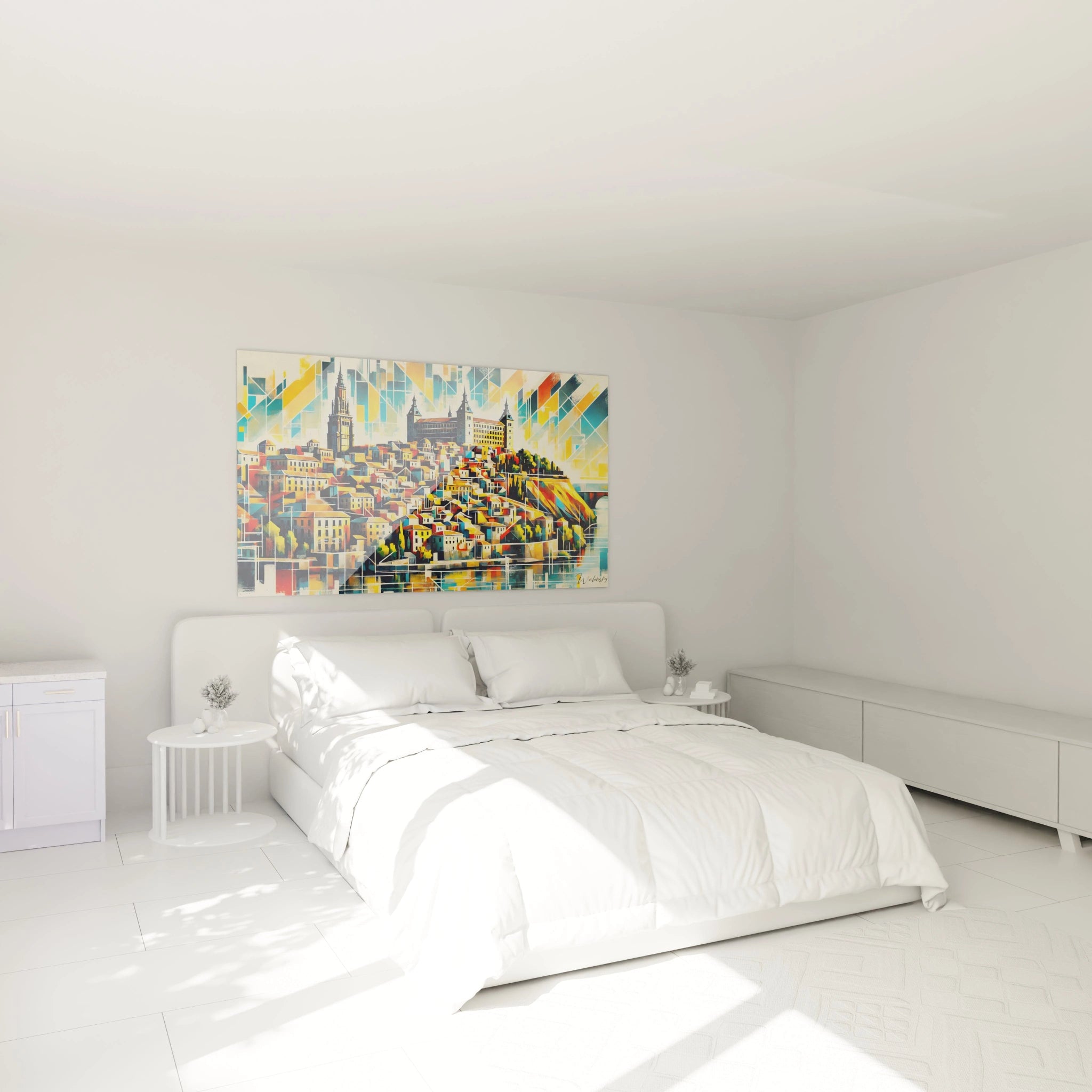 tableau espagne dans une chambre au-dessus du lit aux couleurs chaudes jaune et orange inspiré par Tolède design contemporain lignes cubistes parfait pour un espace éclectique et lumineux

