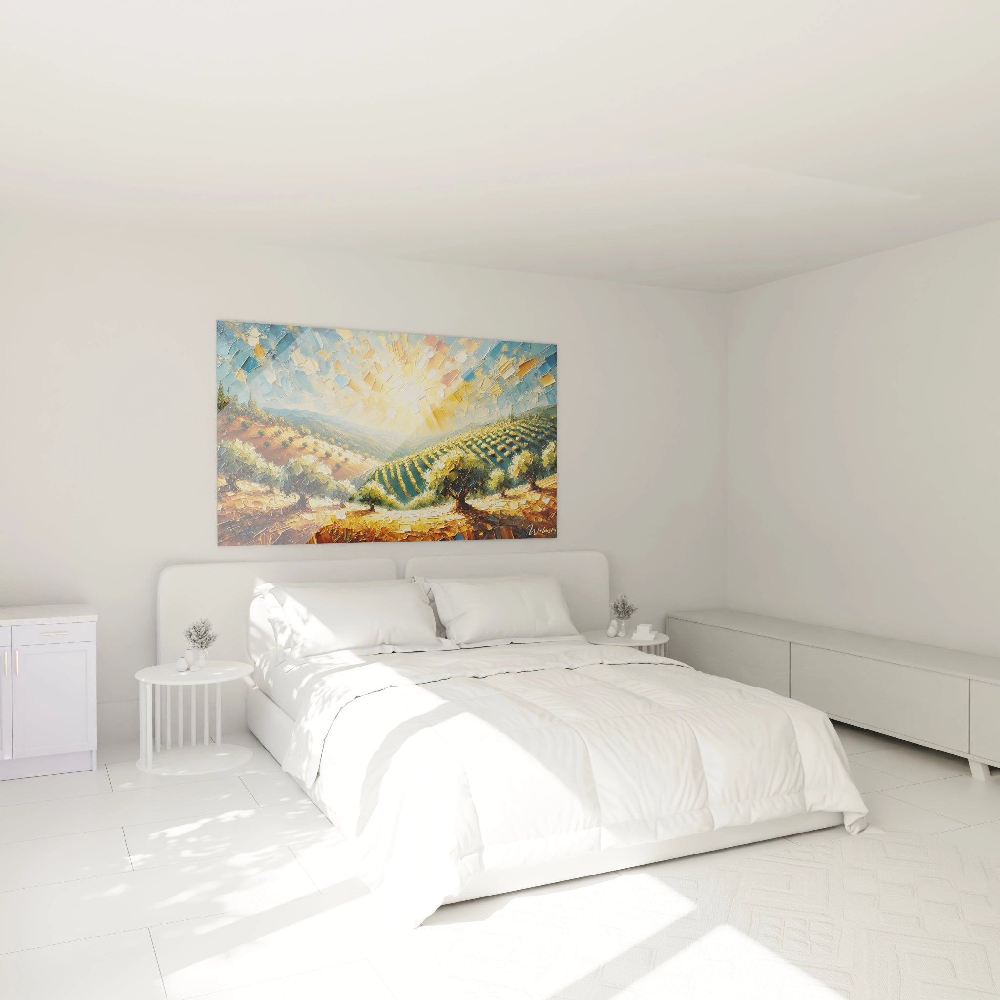 tableau espagne au-dessus d’un lit transformant la chambre en un paysage d’oliveraies baigné de soleil avec des collines dorées et un ciel bleu inspirant sérénité et chaleur

