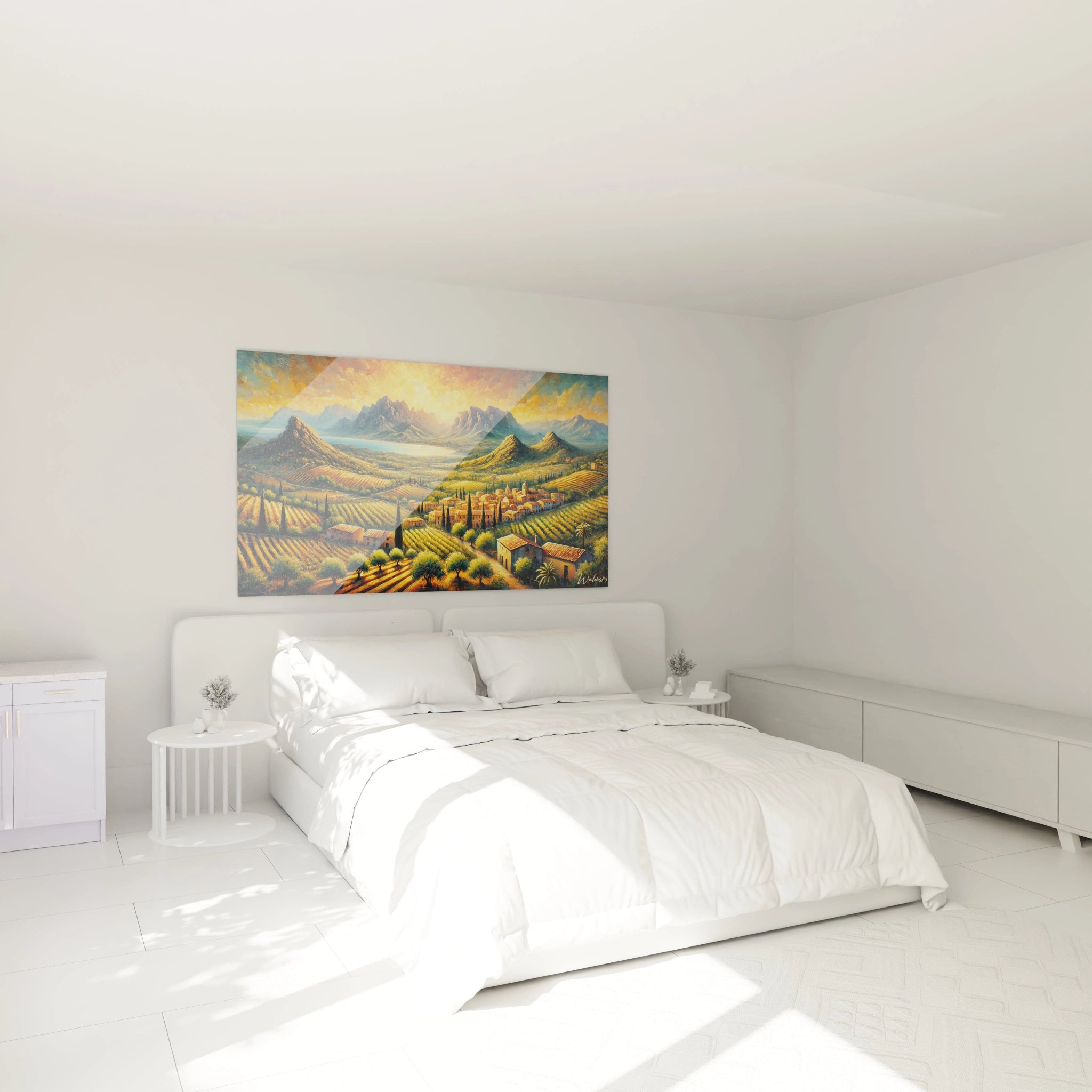 Dans une chambre, tableau Espagnol au-dessus du lit transformant l’espace en un havre méditerranéen. Paysages vibrants, montagnes dorées et oliviers évoquent calme et sérénité lumineuse.

