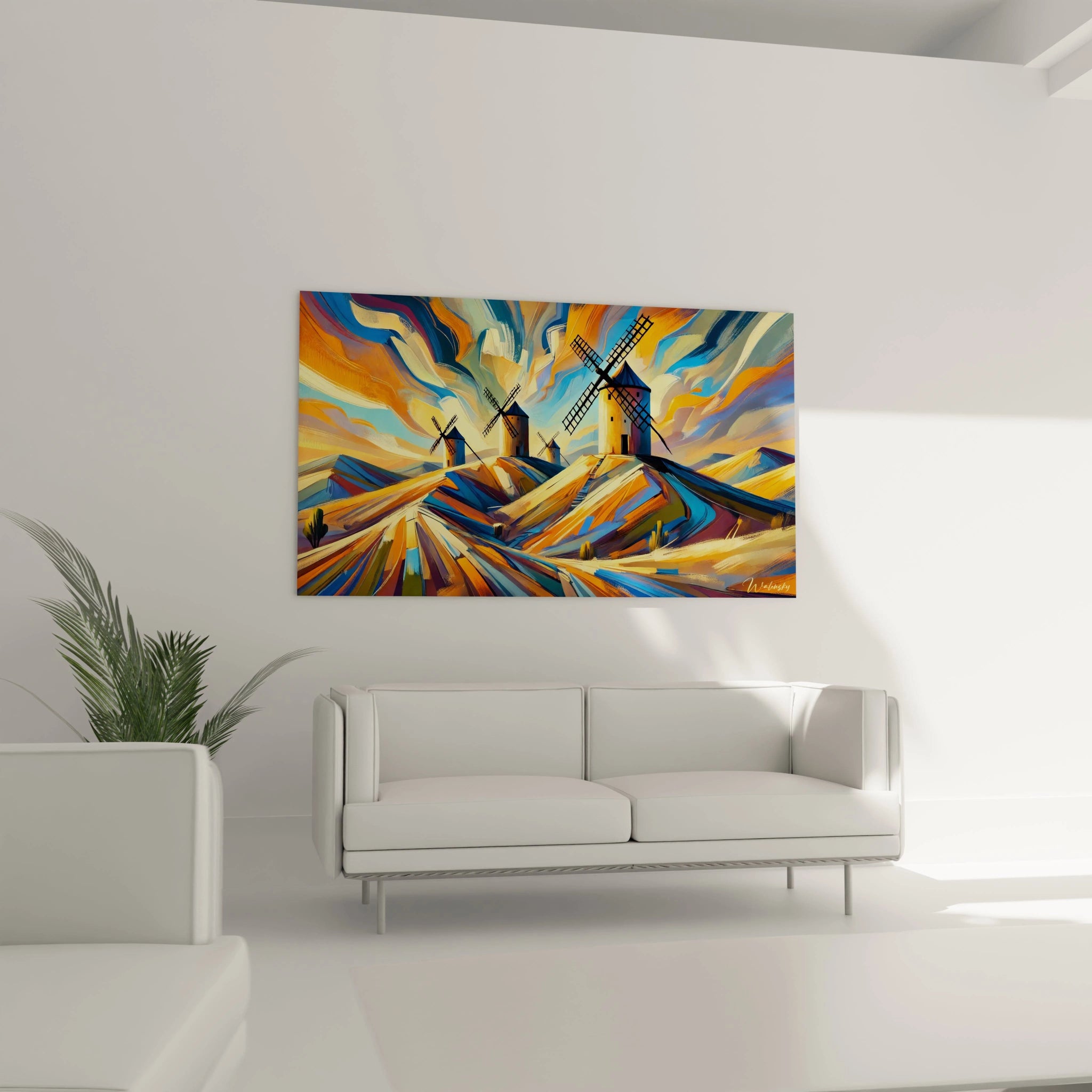 tableau espagnol au-dessus du canape touches semi-abstraites tons orange bleu jaune formes fluides dynamisme collines vent dansant paysage espagnol inspire

