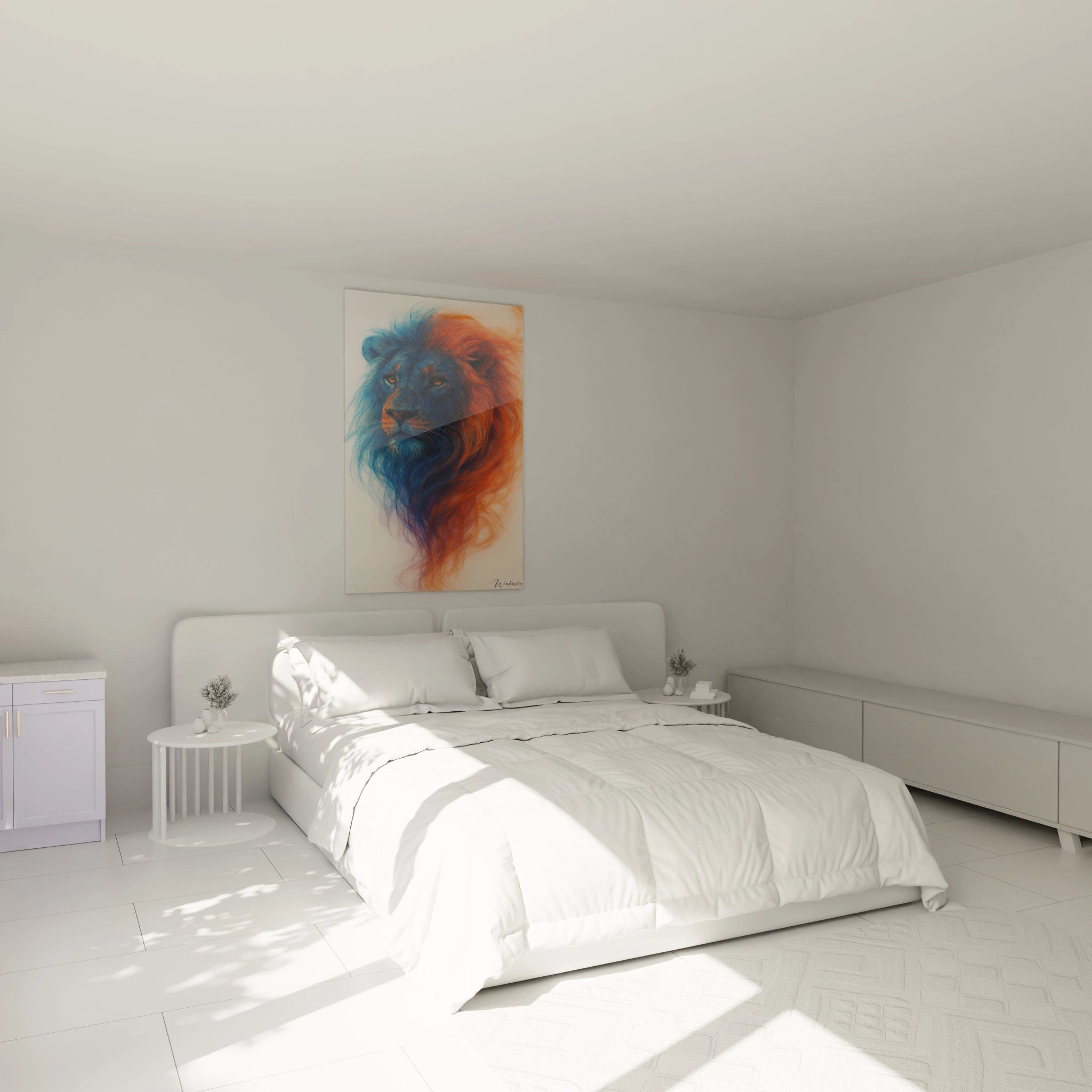 Un tableau lion artistique montrant un portrait félin avec une crinière divisée en bleu profond et orange flamboyant. Les textures filamenteuses créent un effet de mouvement fluide autour du visage détaillé sur fond blanc immaculé.
