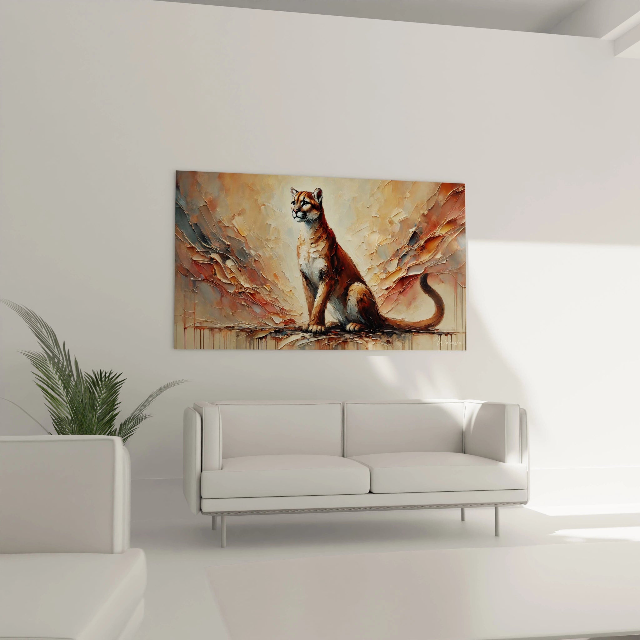 Dans le salon, ce tableau puma accroché au-dessus du canapé impose une ambiance chaleureuse et majestueuse, parfait pour sublimer un décor avec une touche artistique unique.

