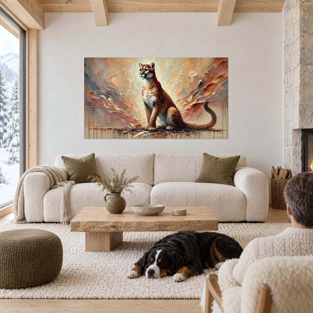 Schilderij zittende poema met koperkleurige flanken en crème borst, okerkleurige en roze impasto, zwarte hond liggend, bank in een lichte woonkamer