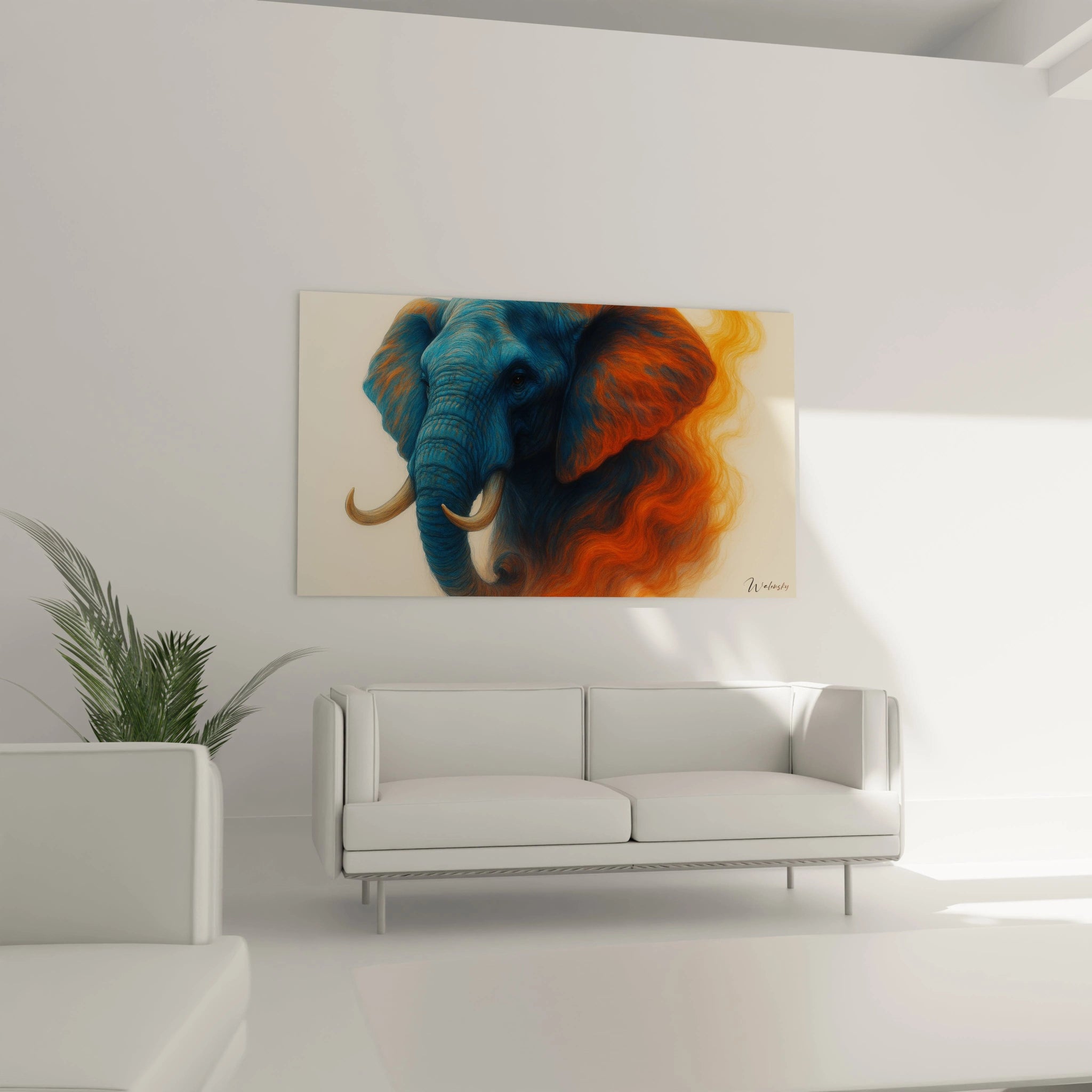 Un tableau éléphant dualité affichant un pachyderme en profil gauche, combinant précision anatomique et abstraction colorée. Le bleu dominant la partie gauche s'entrelace avec l'orange de la partie droite, formant une composition dynamique aux textures variées.
