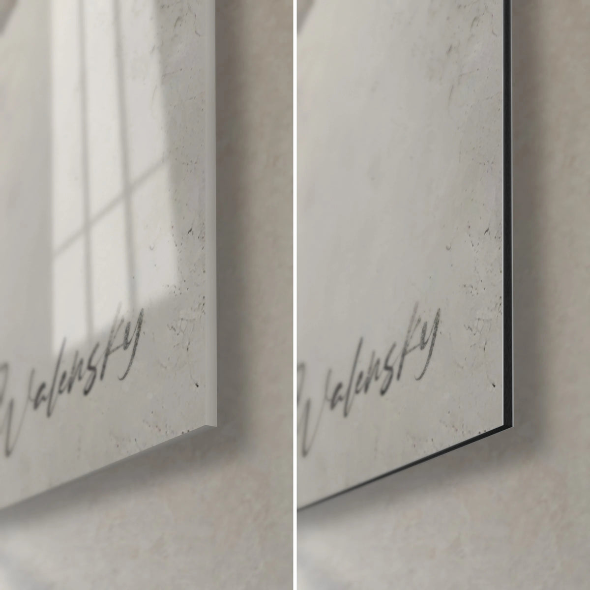 Wall art lynx in charcoal, Walensky signature in black on cream, glossy acrylic glass on the left, matte Dibond on the right, 3 mm edge