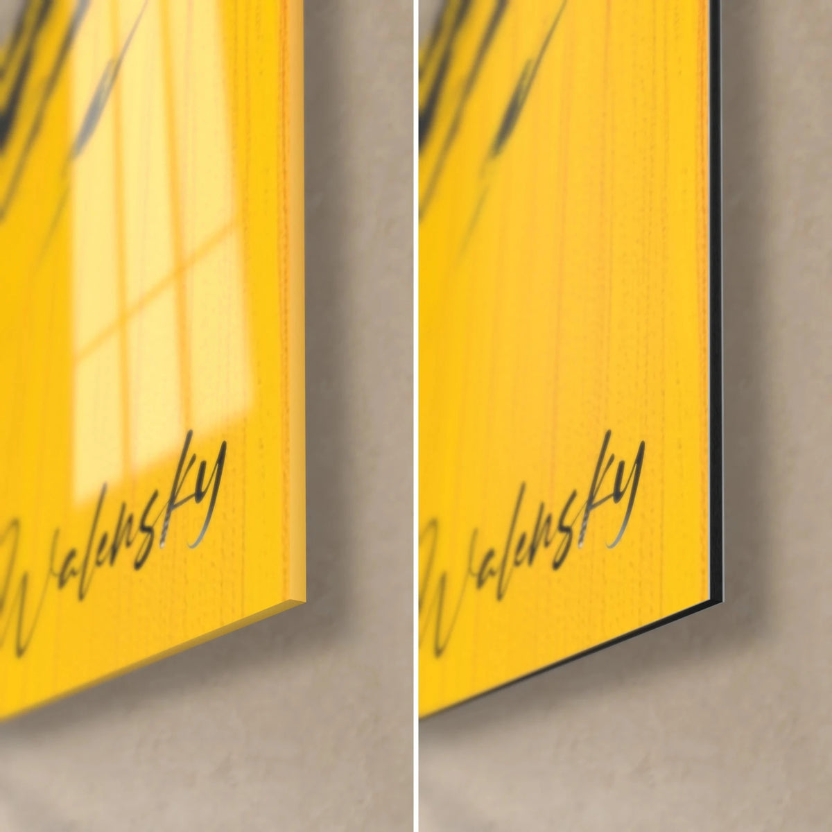 Wall art abstract feline, bottom right corner: bright yellow and black signature, glossy glass on the left, matte Dibond and edge on the right