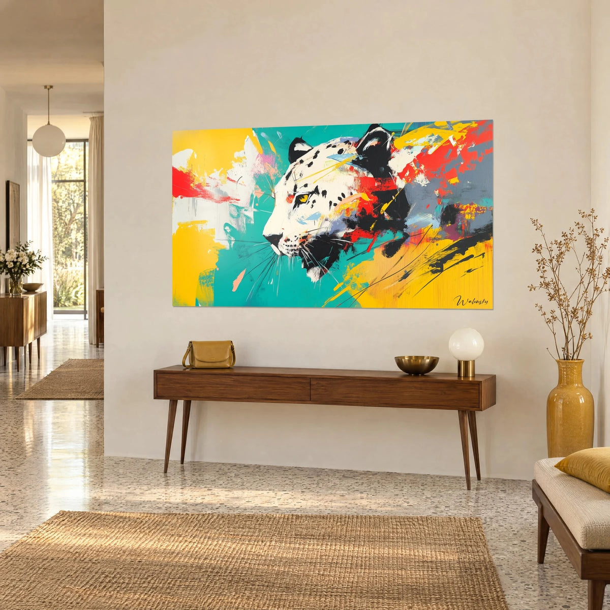 Wall art white panther in profile, golden eye, red and grey splashes on turquoise, wooden console and yellow vase