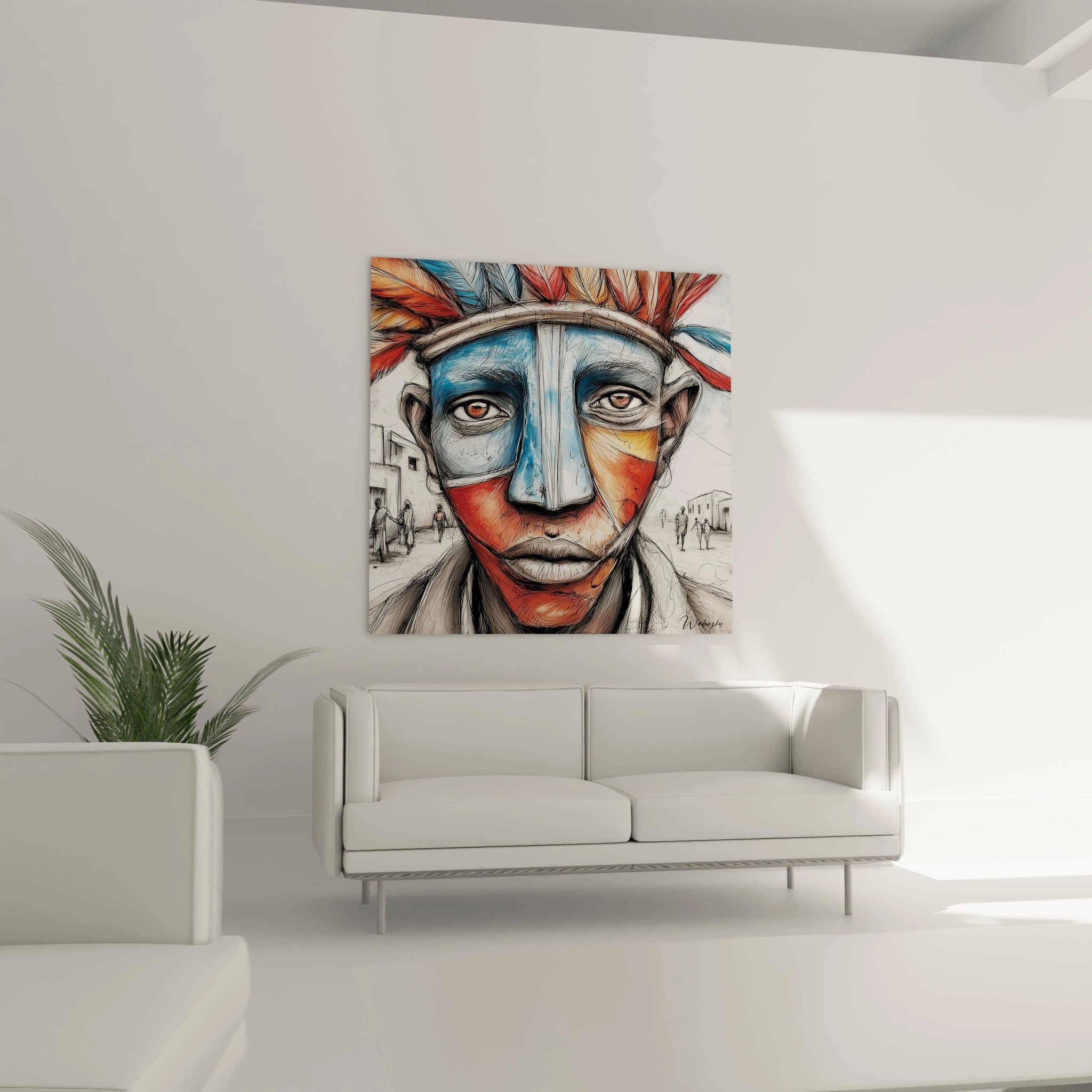 Tableau masque africain coloré de Walensky, parfait pour décorer un salon moderne