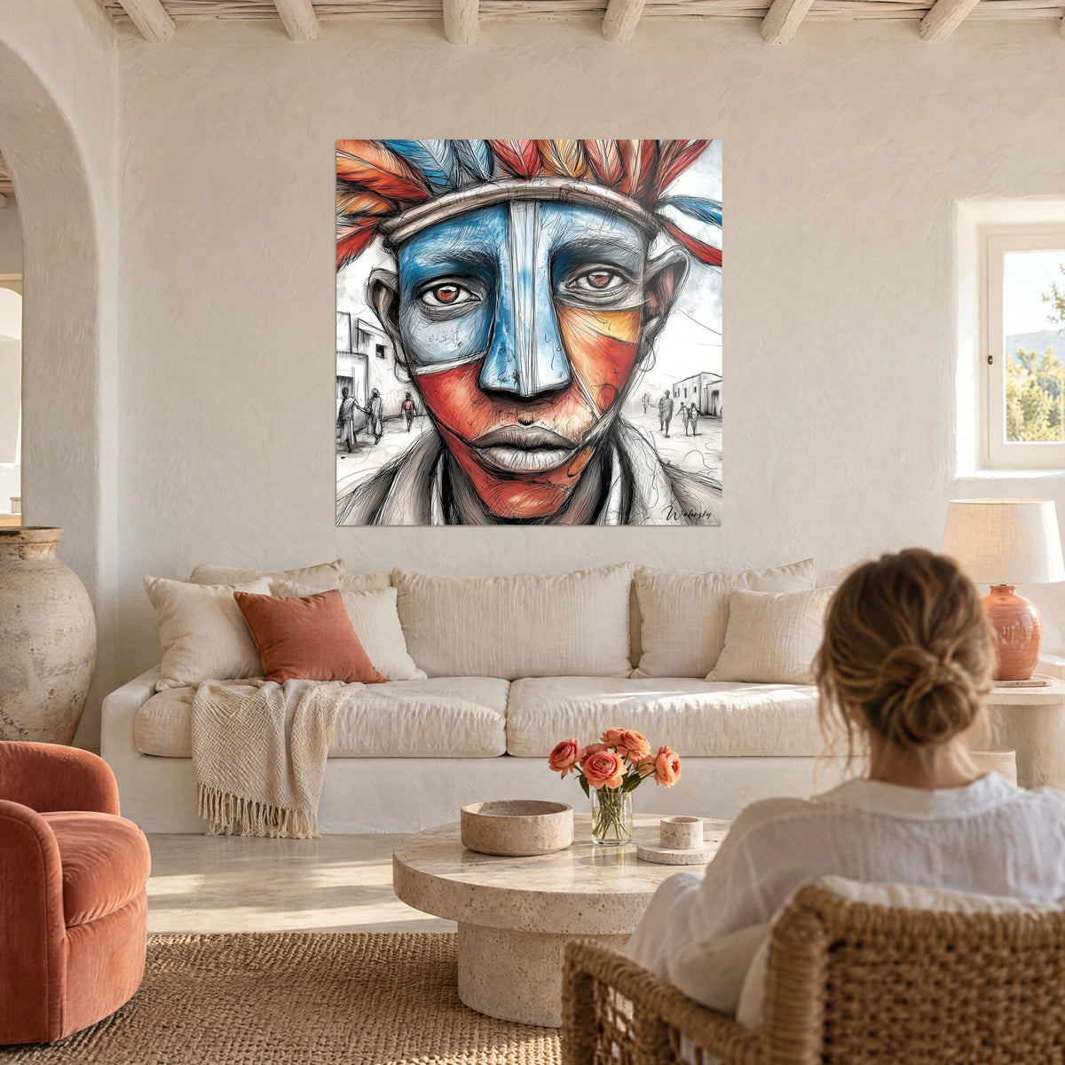 Cuadro retrato de máscara africana en azul y rojo, con tocado de plumas naranjas, encima de un sofá en un salón luminoso