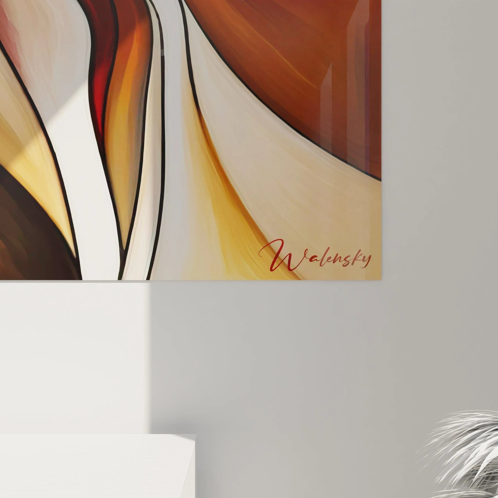 Tableau abstrait composé de courbes entrelacées révélant un visage féminin de profil. L'œuvre combine des teintes terracotta, blanc pur, beige et bordeaux, avec une surface uniforme aux contours définis et des formes fluides qui s'enroulent autour du sujet central.
