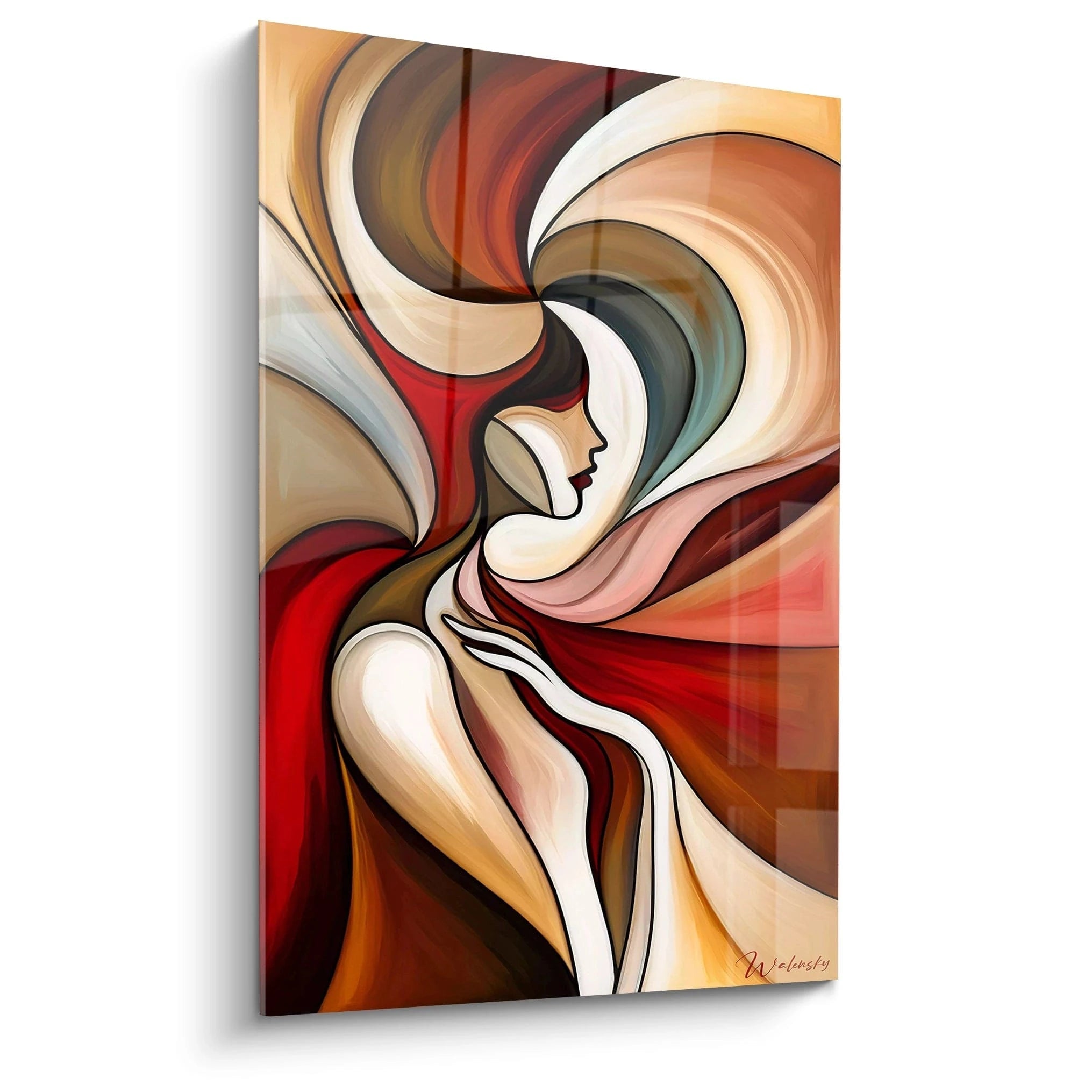 Tableau abstrait figuratif représentant un profil féminin stylisé entouré de formes incurvées. Les teintes dominantes sont rouge, blanc, beige et brun, avec des surfaces lisses aux contours nets et des courbes fluides qui créent un mouvement spiral.
