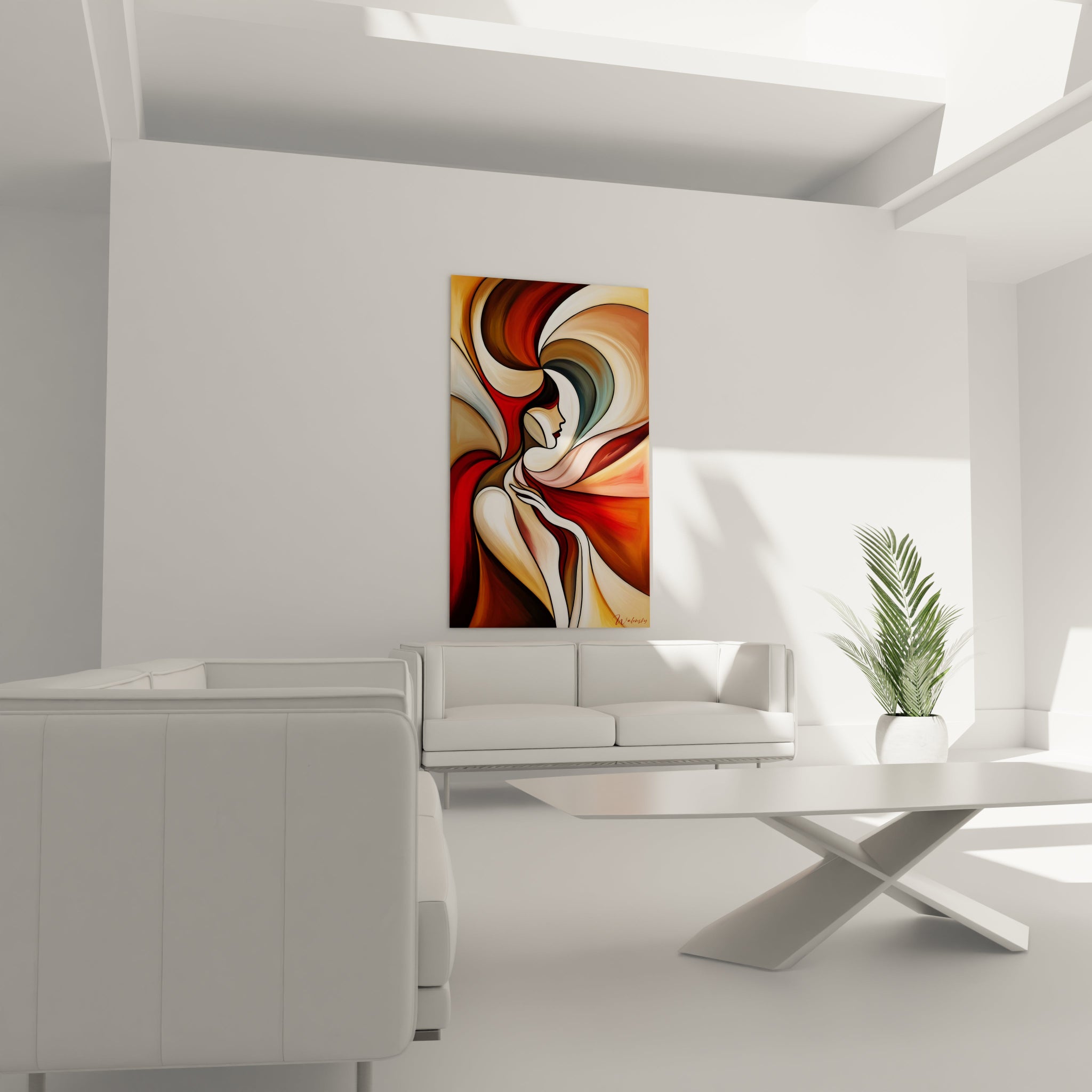 Tableau abstrait où un visage de femme émerge parmi des formes ondulantes. La palette chromatique comprend des rouges profonds, blancs ivoire, beiges et bruns aux finitions lisses, créant un effet de mouvement continu par des lignes courbes concentriques.
