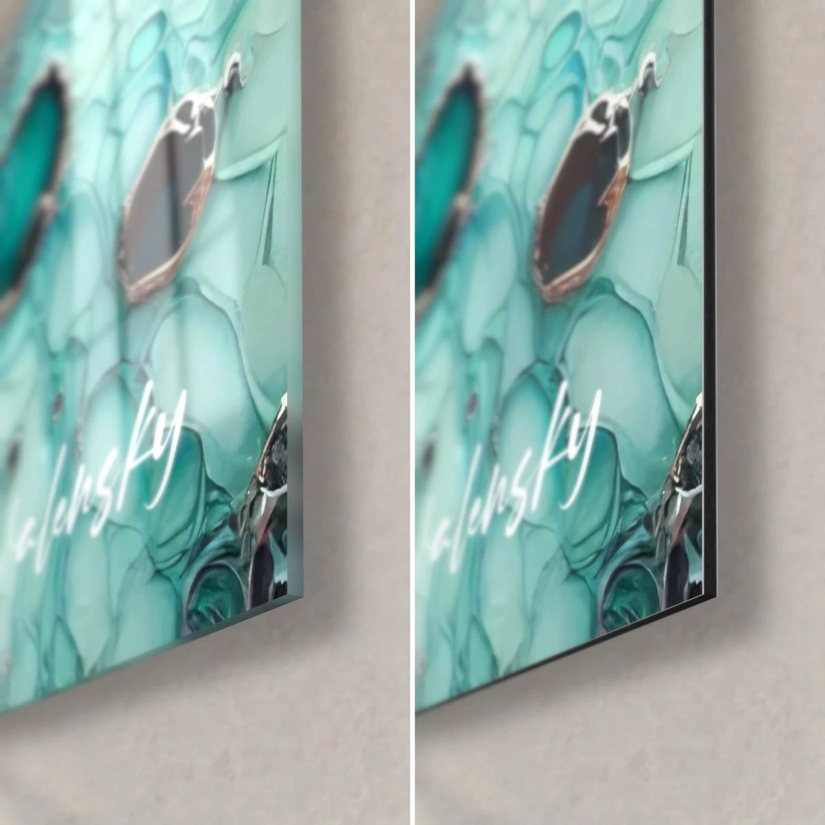 Wall art in turquoise fluid art, burgundy bubbles on glossy glass left and matte Dibond right, 3 mm edge