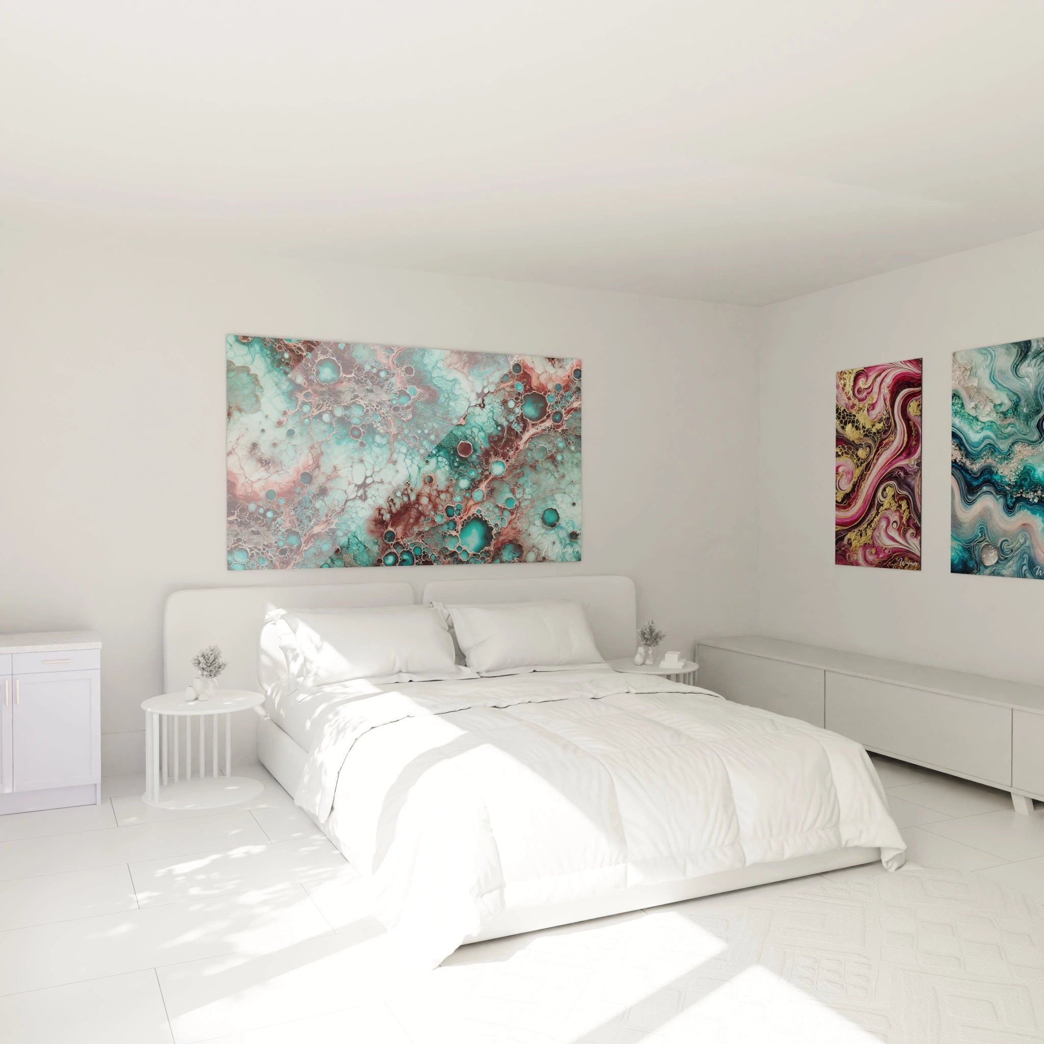 Tableau style epoxy accroché au-dessus du lit, ses textures en relief et ses teintes vibrantes ajoutent une touche d’énergie calme et mystérieuse à la chambre.

