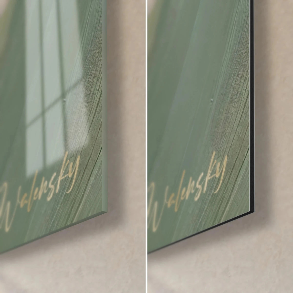 Wall art stylized tree with rust-red leaves, bottom right corner: glossy glass with sage green reflections on the left, matt Dibond aluminium on the right