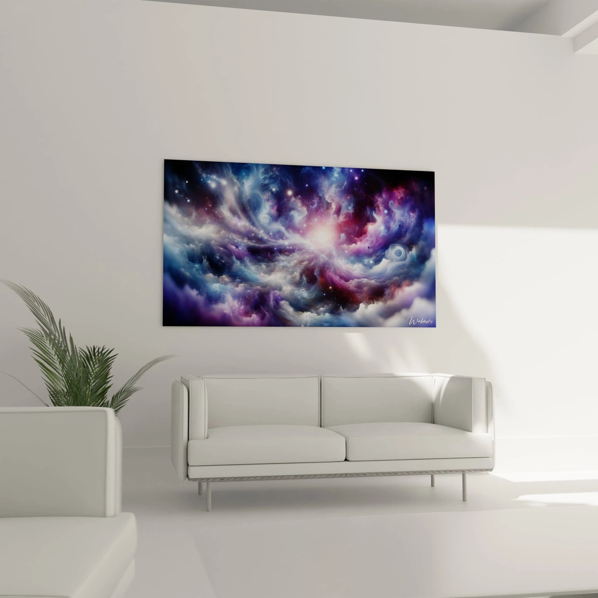 Tableau abstrait montrant une vue imaginaire de l'espace profond. Spectre chromatique de bleu céruléen, violet intense et rose poudré parsemé d'étoiles blanches. Effet visuel de gaz interstellaires tourbillonnants et formations spiralées. Composition avec foyer lumineux central et masses vaporeuses s'étendant vers les bords de l'image.
