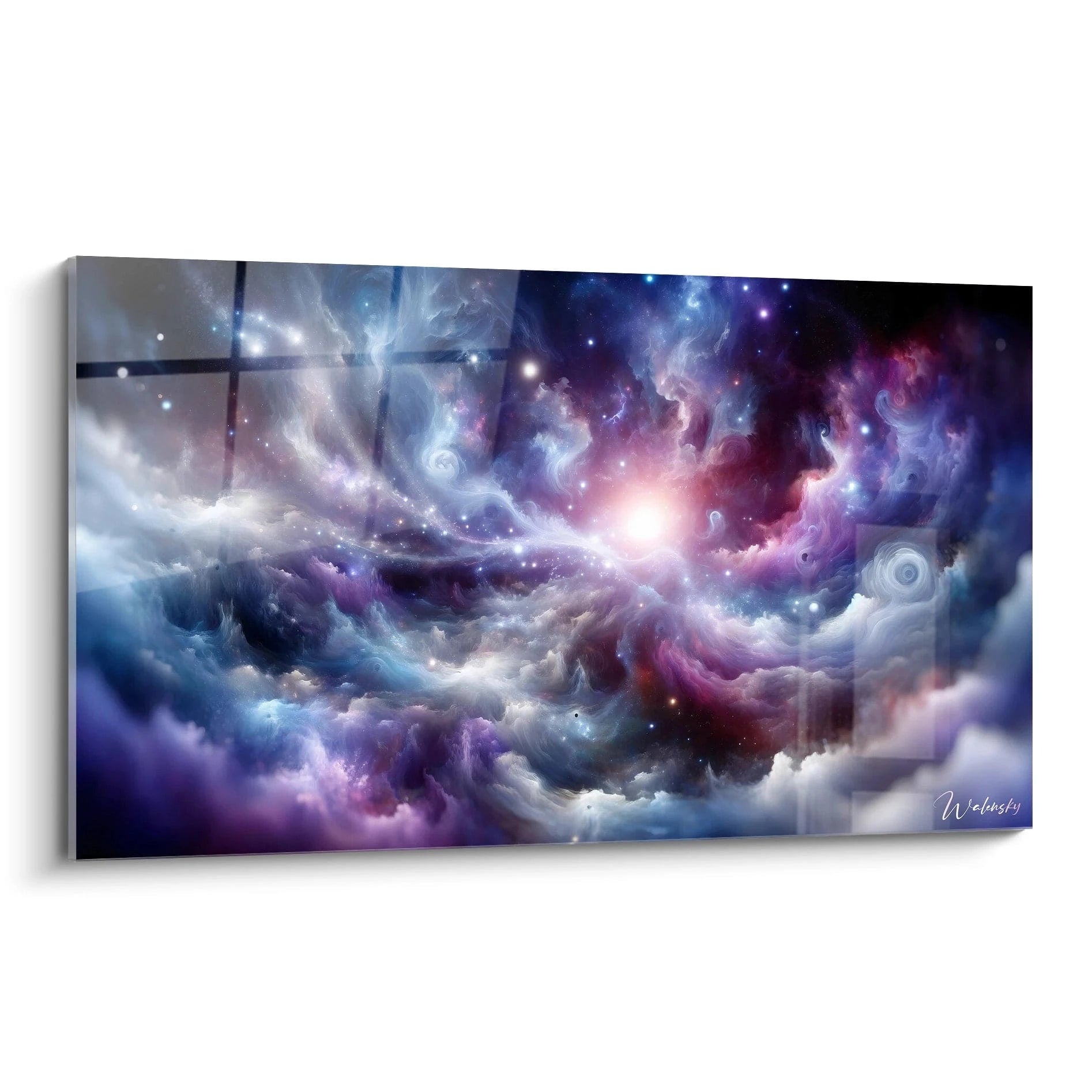 Tableau abstrait représentant un ciel cosmique avec nébuleuses tourbillonnantes. Palette profonde de bleu nuit, violet mauve, rose pâle et blanc lumineux. Texture vaporeuse combinant nuages stellaires et points lumineux dispersés. Composition centrée sur un point de lumière éclatante entouré de volutes gazeuses créant un effet de profondeur spatiale.
