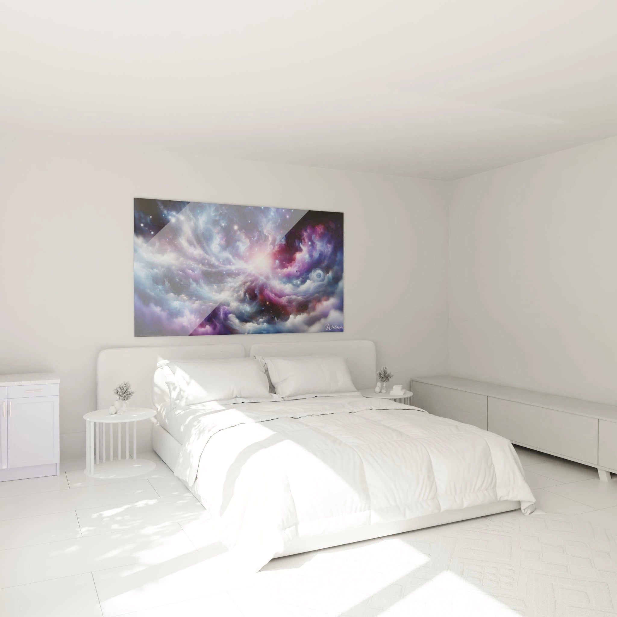 Tableau abstrait figurant un paysage spatial aux couleurs éthérées. Dominantes de bleu cobalt, violet pourpre et rose tendre avec étoiles brillantes. Surface texturée par formations nuageuses et spirales gazeuses entremêlées. Structure cosmique avec source lumineuse centrale et voiles nébuleux créant une impression d'immensité et de mouvement.
