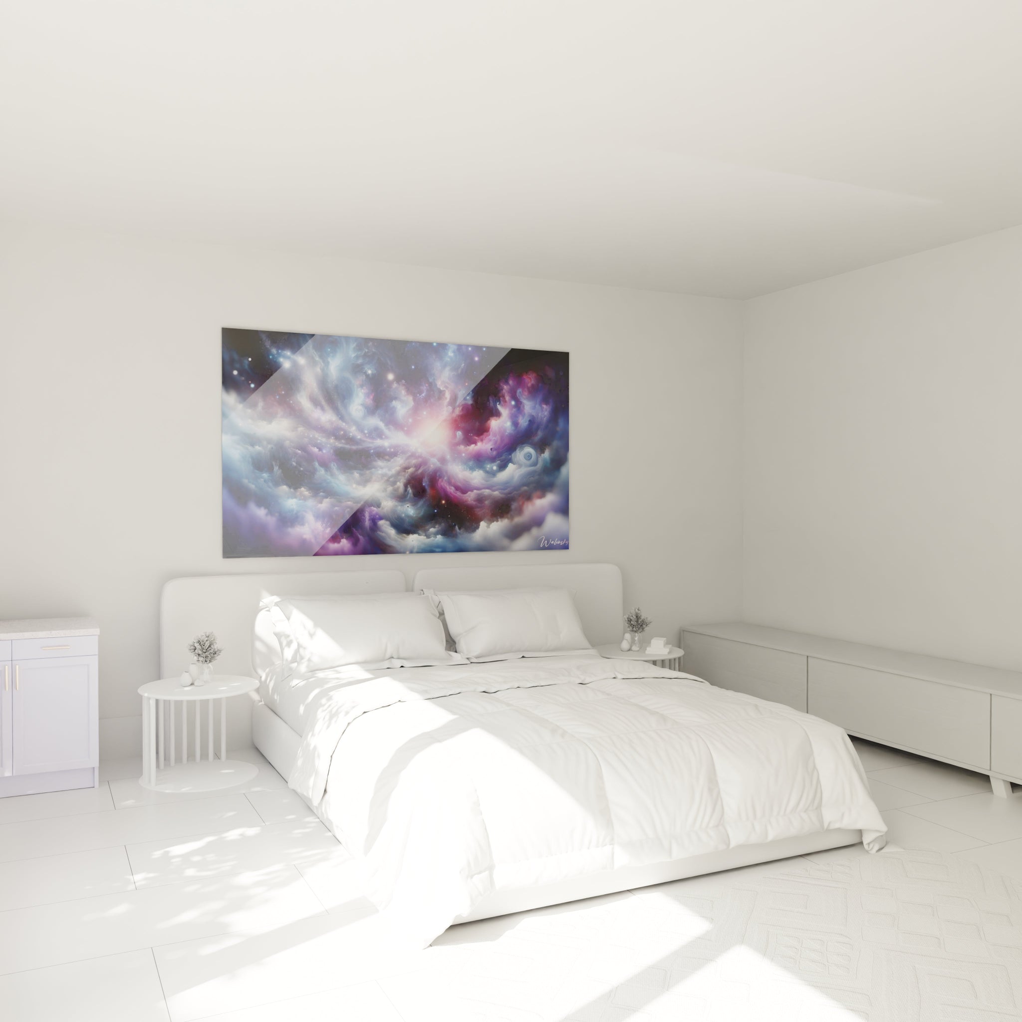 Tableau abstrait figurant un paysage spatial aux couleurs éthérées. Dominantes de bleu cobalt, violet pourpre et rose tendre avec étoiles brillantes. Surface texturée par formations nuageuses et spirales gazeuses entremêlées. Structure cosmique avec source lumineuse centrale et voiles nébuleux créant une impression d'immensité et de mouvement.

