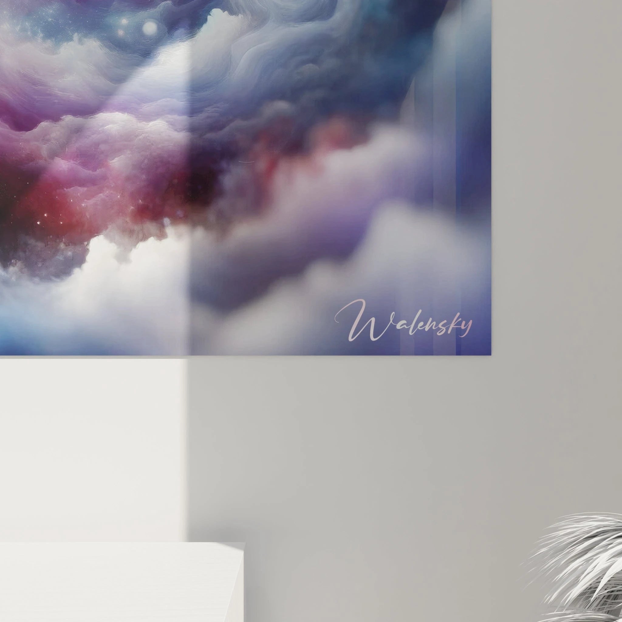 Tableau abstrait présentant une nébuleuse céleste aux teintes mystérieuses. Gamme colorée alliant bleu outremer, violet lavande et rose corail sur fond noir profond. Texture nuageuse ponctuée d'étoiles brillantes et traversée de courants gazeux. Motif spatial avec point culminant lumineux et formations vaporeuses concentriques créant une sensation d'infini cosmique.
