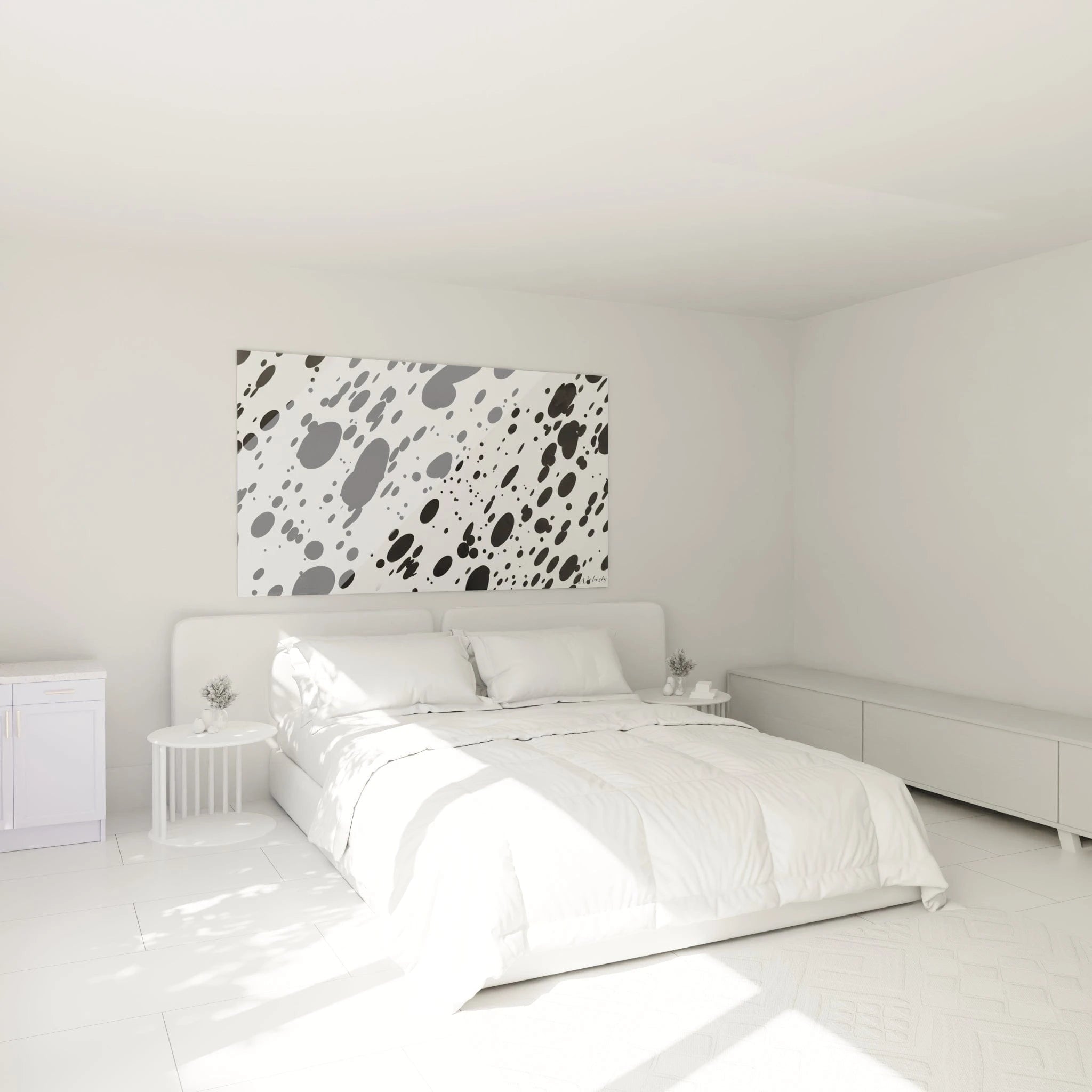 Tableau tacheté noir et blanc de Walensky accroché au mur d'une chambre moderne et lumineuse