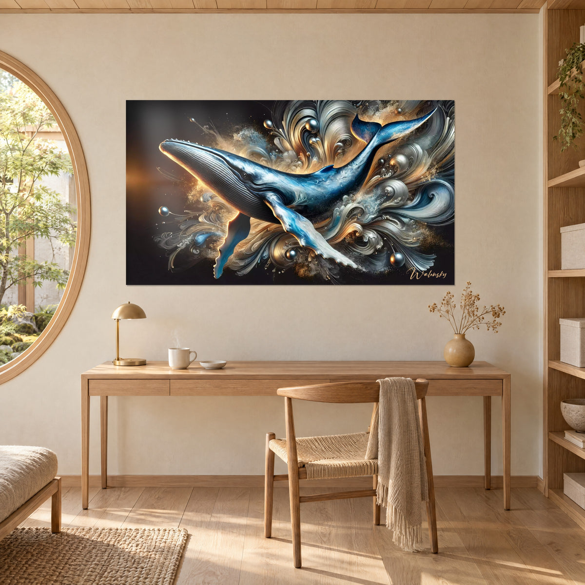 Gemälde gigantischer Ozean in tiefem Blau und kupferfarbenem Gold, silberne Spiralen und Perlen, über einem Schreibtisch aus hellem Holz und einem Stuhl