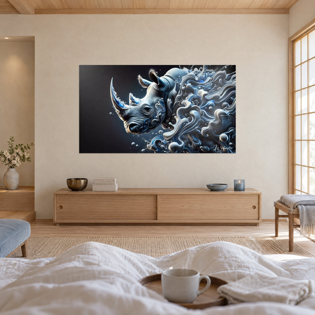 Gemälde gehörntes Säugetier mit gletscherblauen Reflexen, perlende Milchschlieren auf tiefschwarzem Grund, über einem Bett in einem hellen Schlafzimmer