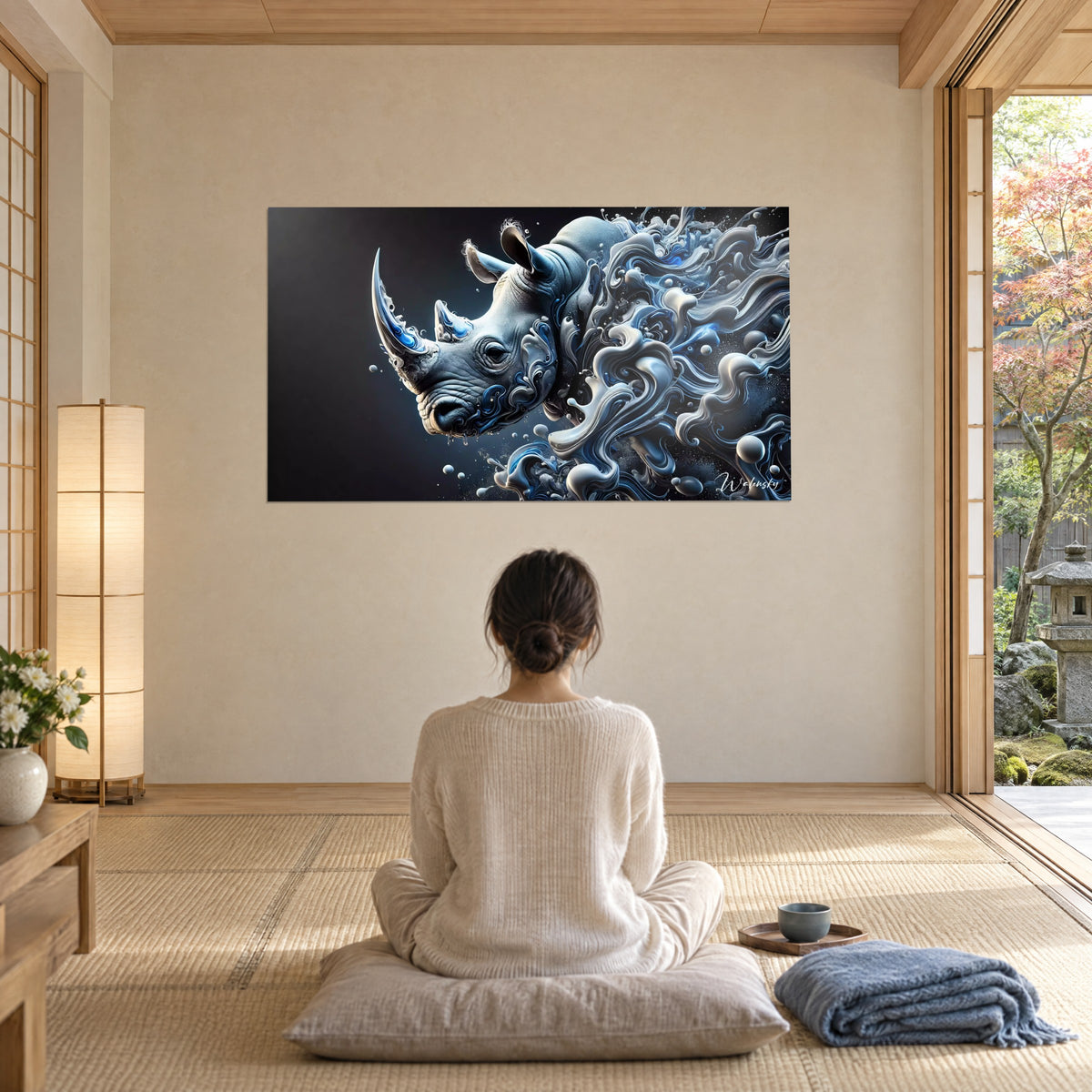 Gemälde eines riesigen afrikanischen Tieres, verschmolzen in perlgraue und elektrisch blaue Spiralen, gegenüber einer auf einem Kissen sitzenden Frau von hinten, Japandi-Wohnzimmer