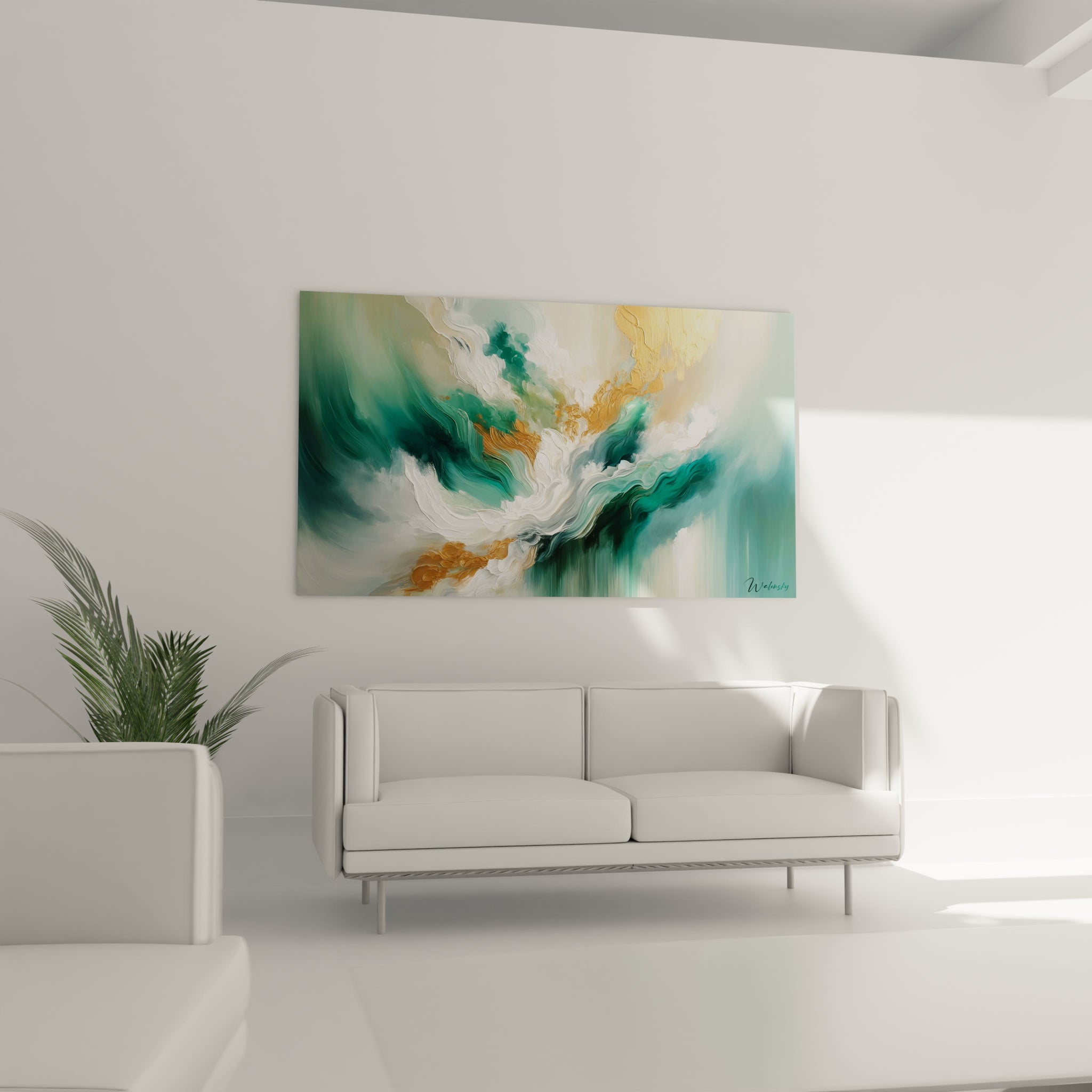 Un tableau abstrait évoquant une vague déferlante stylisée. Les couleurs principales sont vert jade, blanc ivoire, or et beige sable. La texture montre des applications généreuses de peinture créant un relief prononcé, avec des mouvements spiralés et des éclaboussures figées où s'entremêlent tourbillons verts profonds et crêtes blanches écumeuses.
