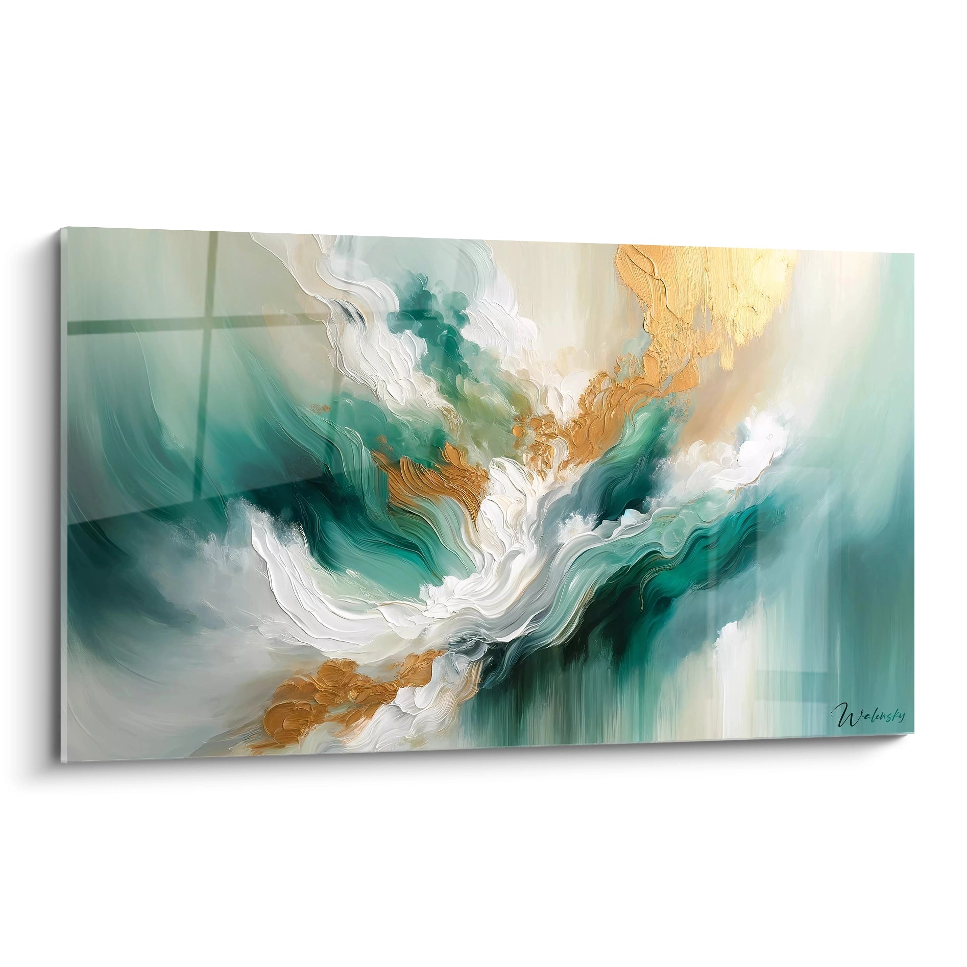 Un tableau abstrait de vagues fluides en mouvement dynamique. Dominé par des teintes vert émeraude, blanc pur, or métallique et beige pâle. La texture présente d'épais empâtements de peinture créant des mouvements tourbillonnants, avec des coups de pinceau ondulés et des zones texturées en relief, notamment dans les sections blanches et dorées.
