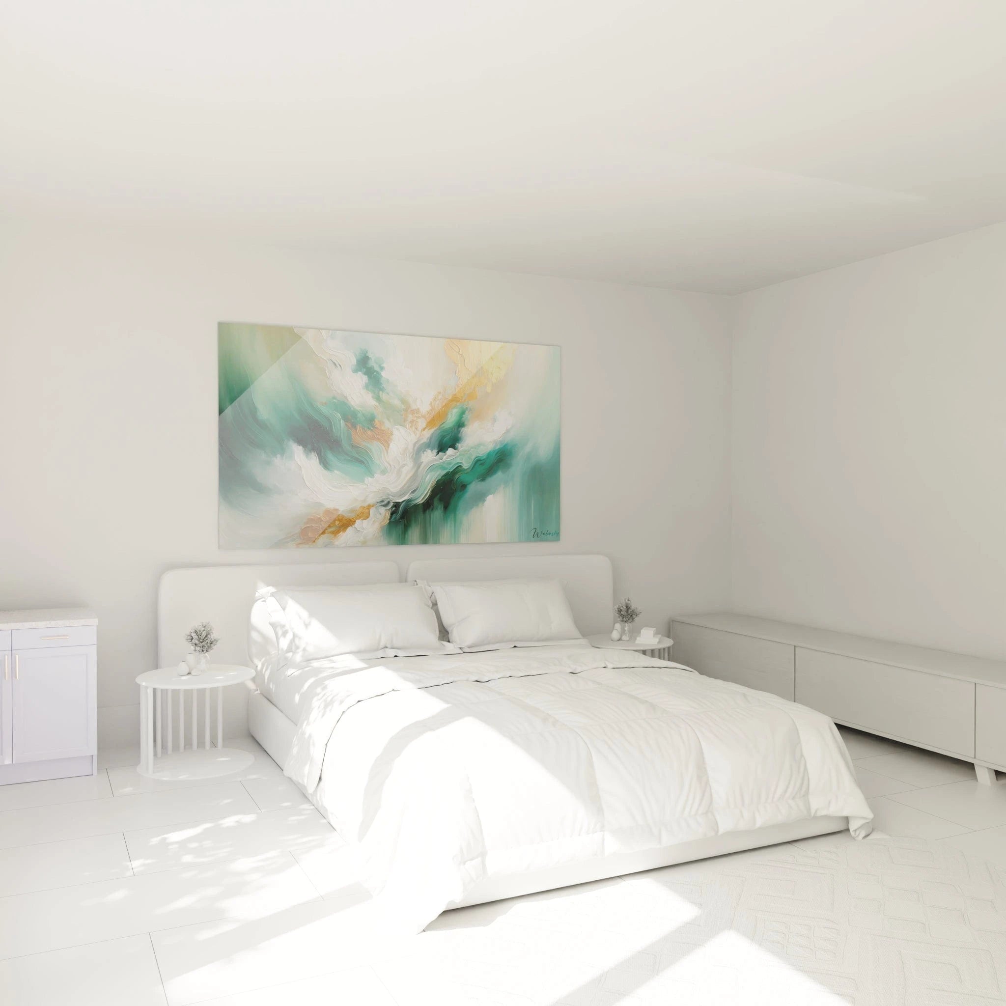 Un tableau abstrait de courants entrelacés aux allures océaniques. La palette associe vert sarcelle profond, blanc crémeux, or brillant et beige. Les textures combinent épaisses couches de peinture appliquées à la spatule formant des ondulations dynamiques, avec des zones dorées métalliques contrastant avec les fluides verts et les écumes blanches.
