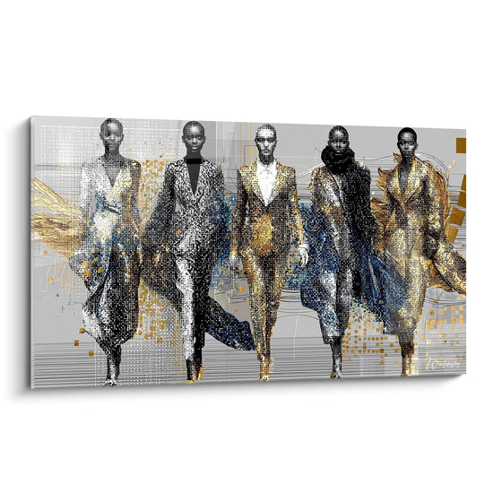 Quadro estetico moderno alta moda che rappresenta manichini in abiti eleganti su sfondo grafico
