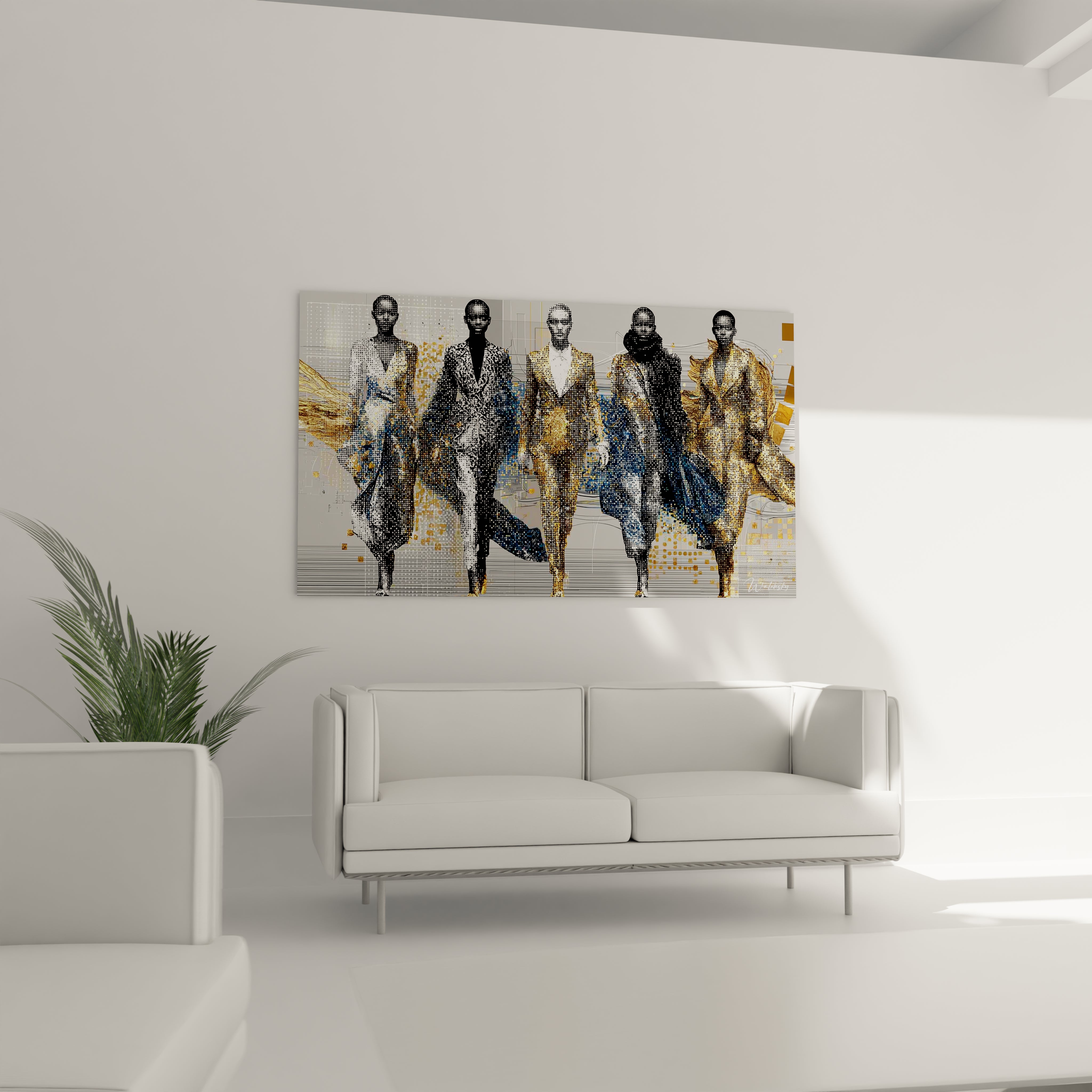 Tableau esthétique moderne haute couture représentant des mannequins en tenue élégante dans un salon contemporain