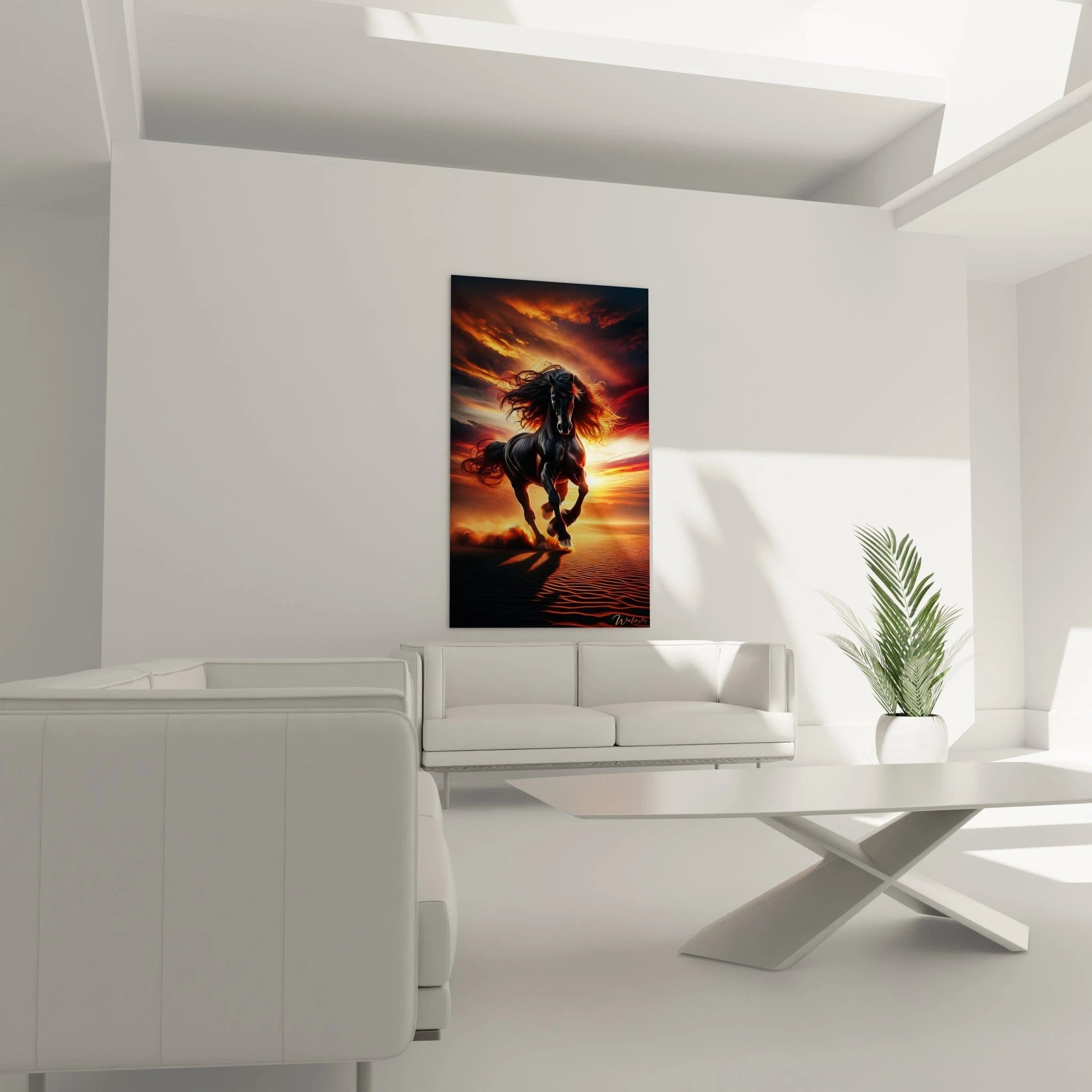 Un tableau d'animal montrant un cheval noir galopant face au spectateur sur un sol strié de motifs ondulés. Sa crinière et sa queue noires aux reflets rouge-orangé semblent fusionner avec le ciel incandescent. Les textures variées entre le pelage lisse, les poils en mouvement et le sable structuré créent un effet dynamique.
