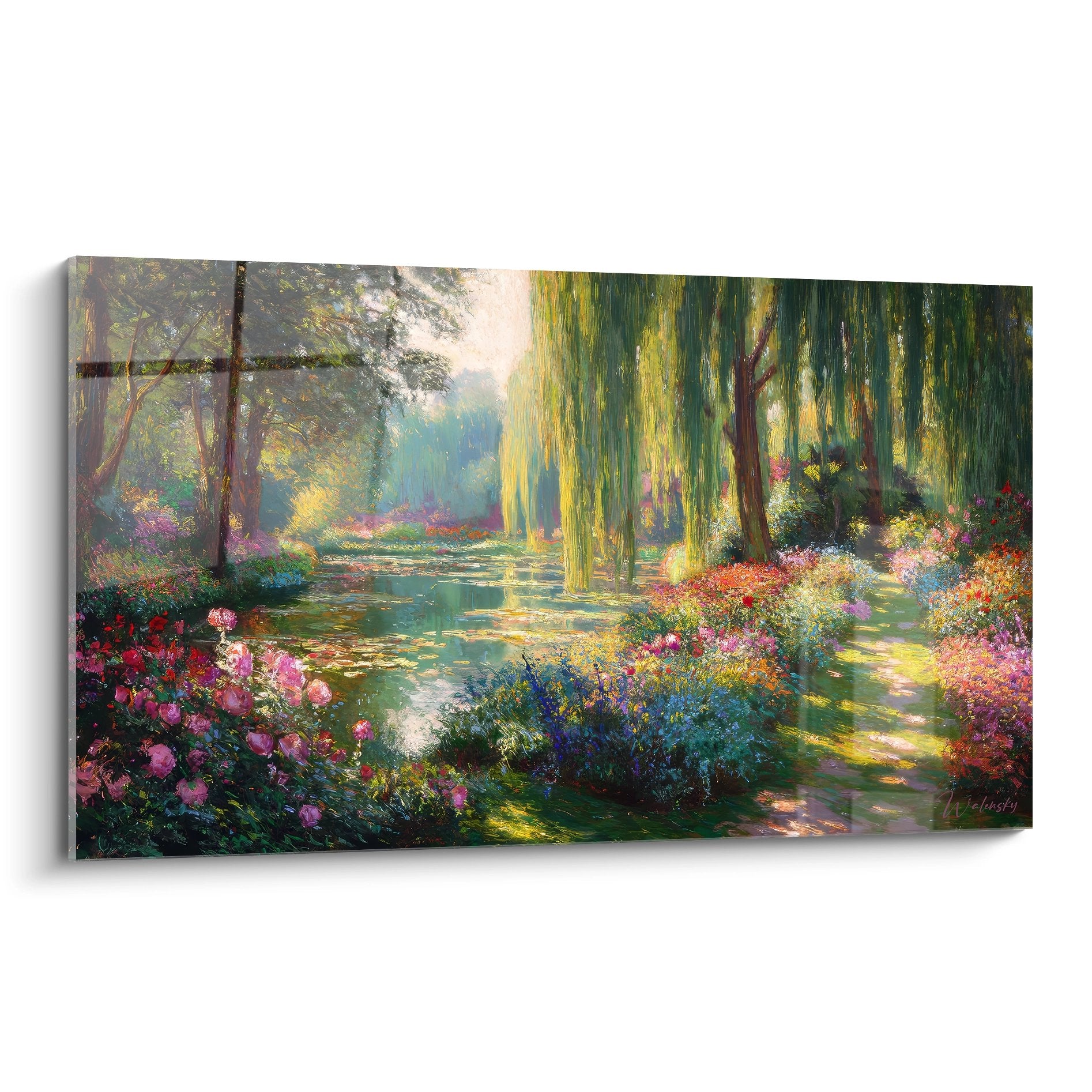 tableau mural étang aux nénuphars avec saules pleureurs et massifs floraux colorés style impressionniste jardin
