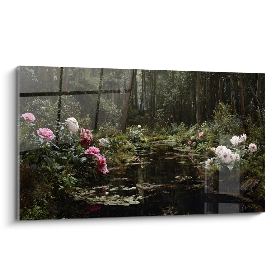 Pond with Forest Peonies Painting - Floral Serenity - Jungle Edition