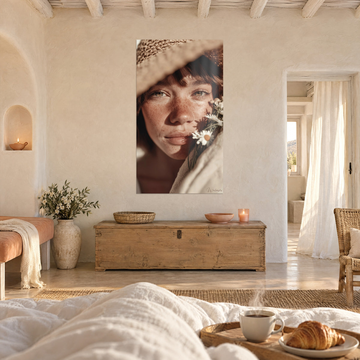 Schilderij hazelnootkleurige blik en huid bezaaid met sproeten, witte madeliefjes, bruin en crème, boven een bed in een lichte slaapkamer
