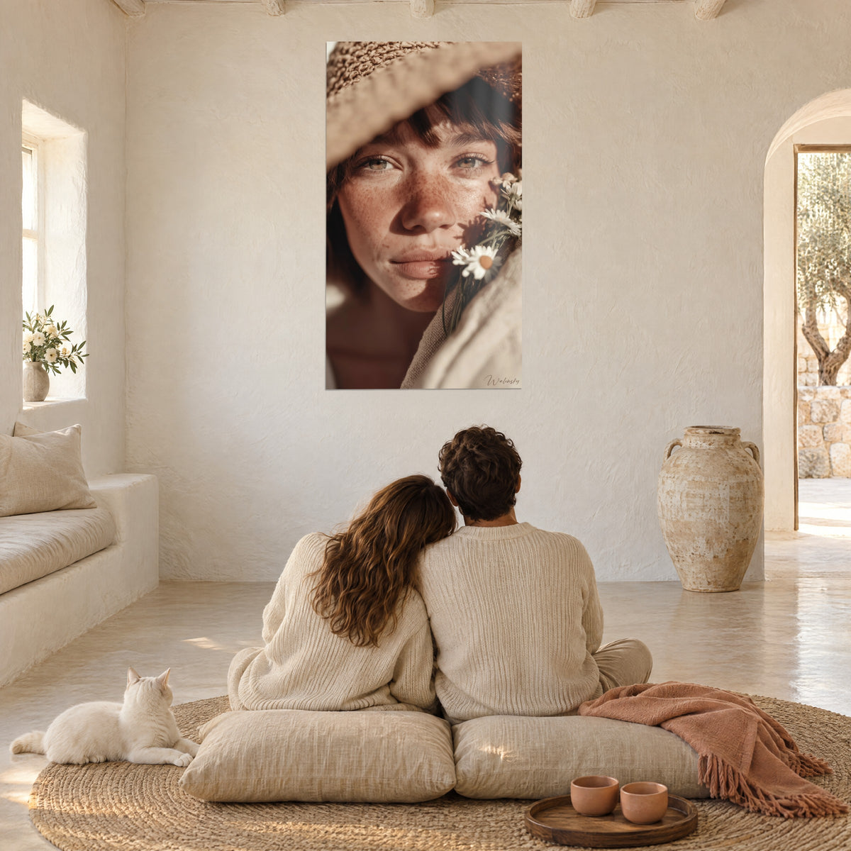 Schilderij zomers portret met madeliefjes, strohoed en ruw linnen, aan de muur van een witte woonkamer met een zittend stel en een lichte kat
