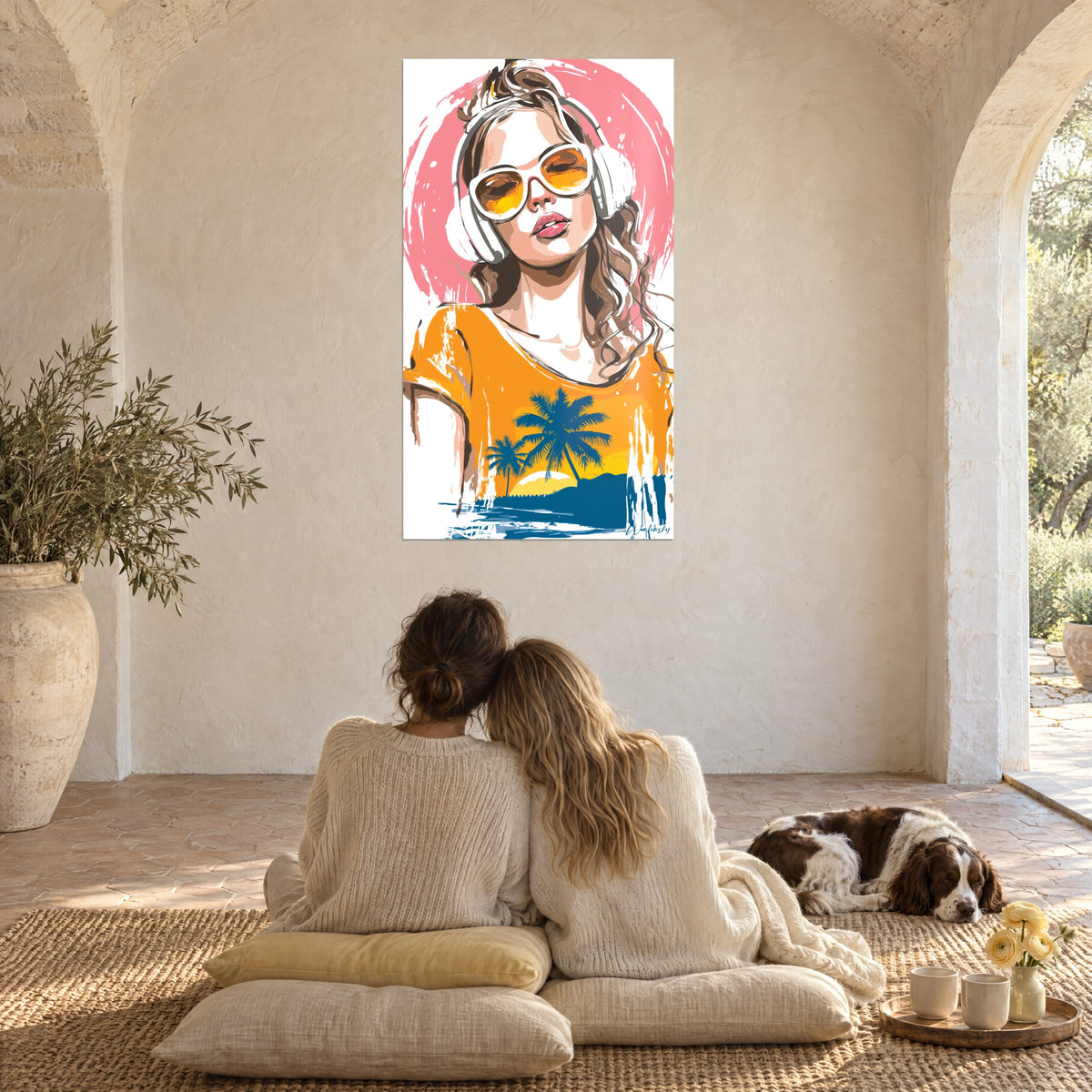 Cuadro de música y playa: joven con gafas ámbar, fondo rosa, camiseta naranja y azul, dos mujeres de espaldas y un spaniel sobre una alfombra