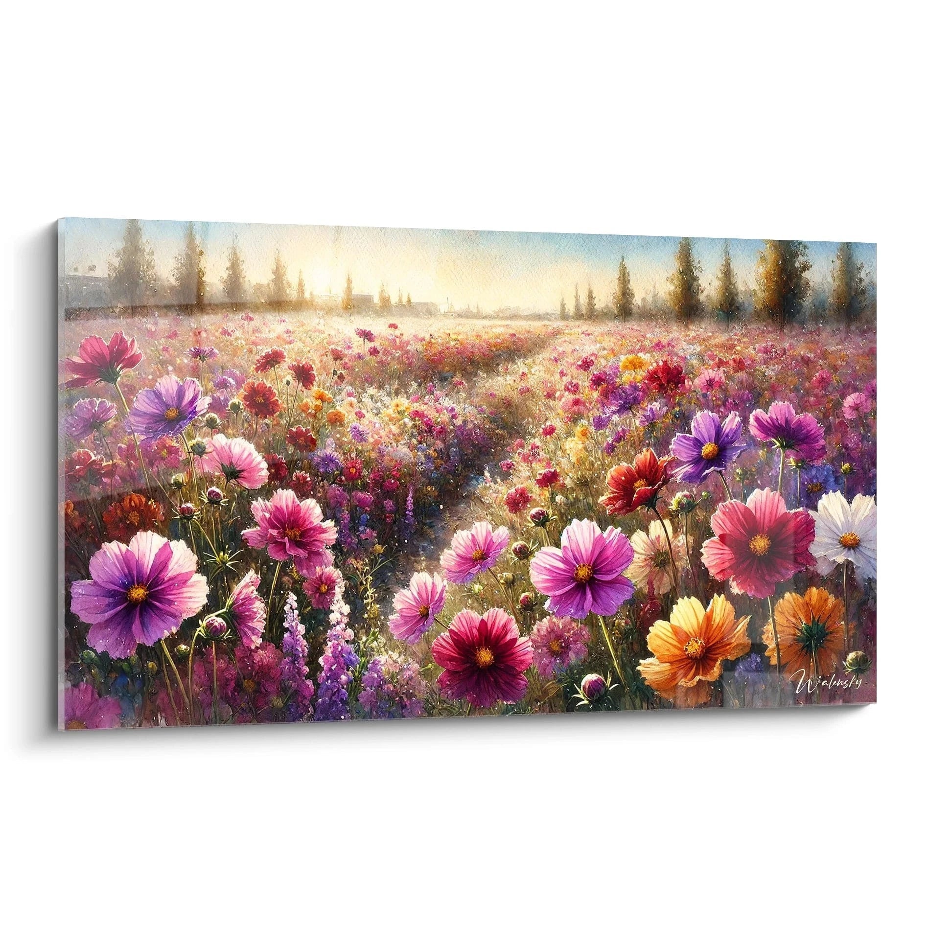 tableau campagne vu de biais capture la magie d un champ de fleurs sauvages sous la lumiere douce d un matin d ete nuances de rose violet et orange evoquent l harmonie et la serenite de la nature


