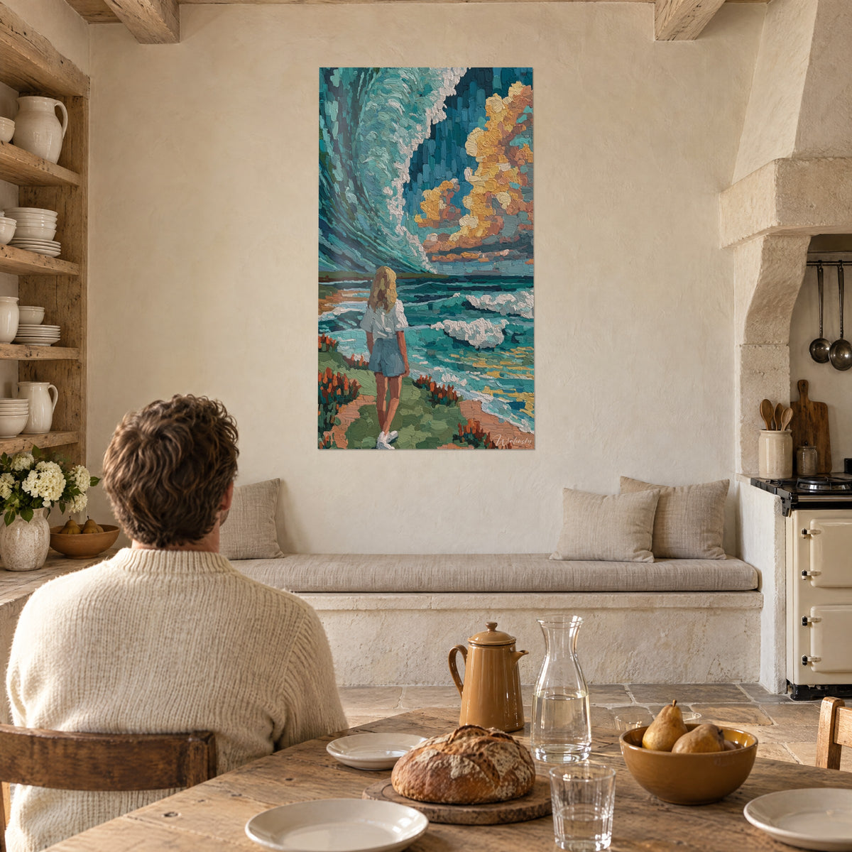 Schilderij zeegezicht met dikke verf: grote turquoise golf, goudgele wolk, okerkleurig pad, in een stenen eetkamer