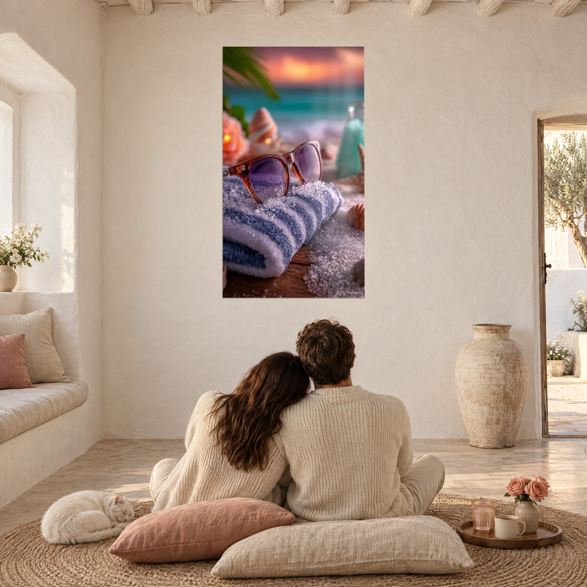 Cuadro vacaciones junto al mar, gafas rosadas sobre esponja azul, cielo anaranjado, pareja de espaldas sobre cojines, gato tranquilo al lado